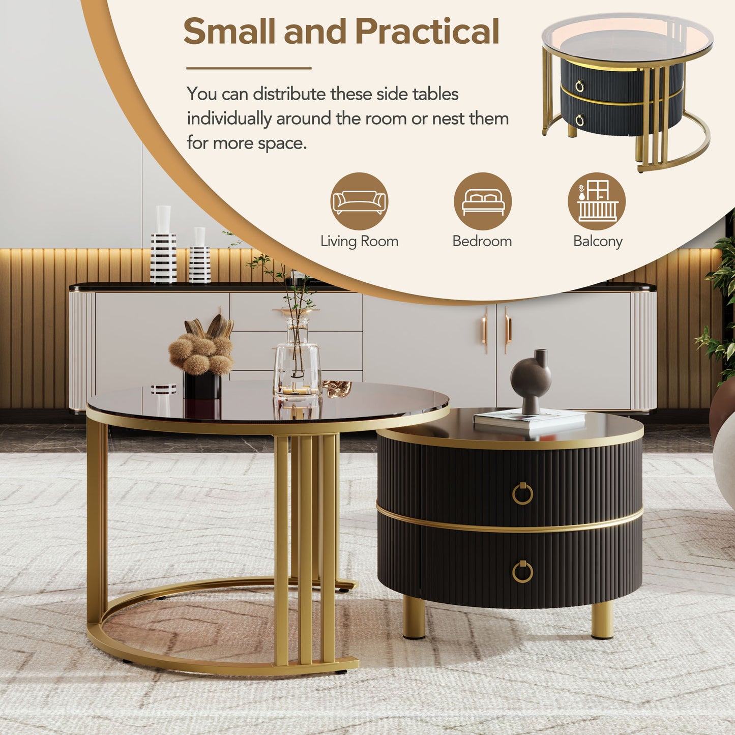 Semiocthome Modern Nesting Coffee Table with 2 Drawer and Tempered Glass Tabletop,Living Room