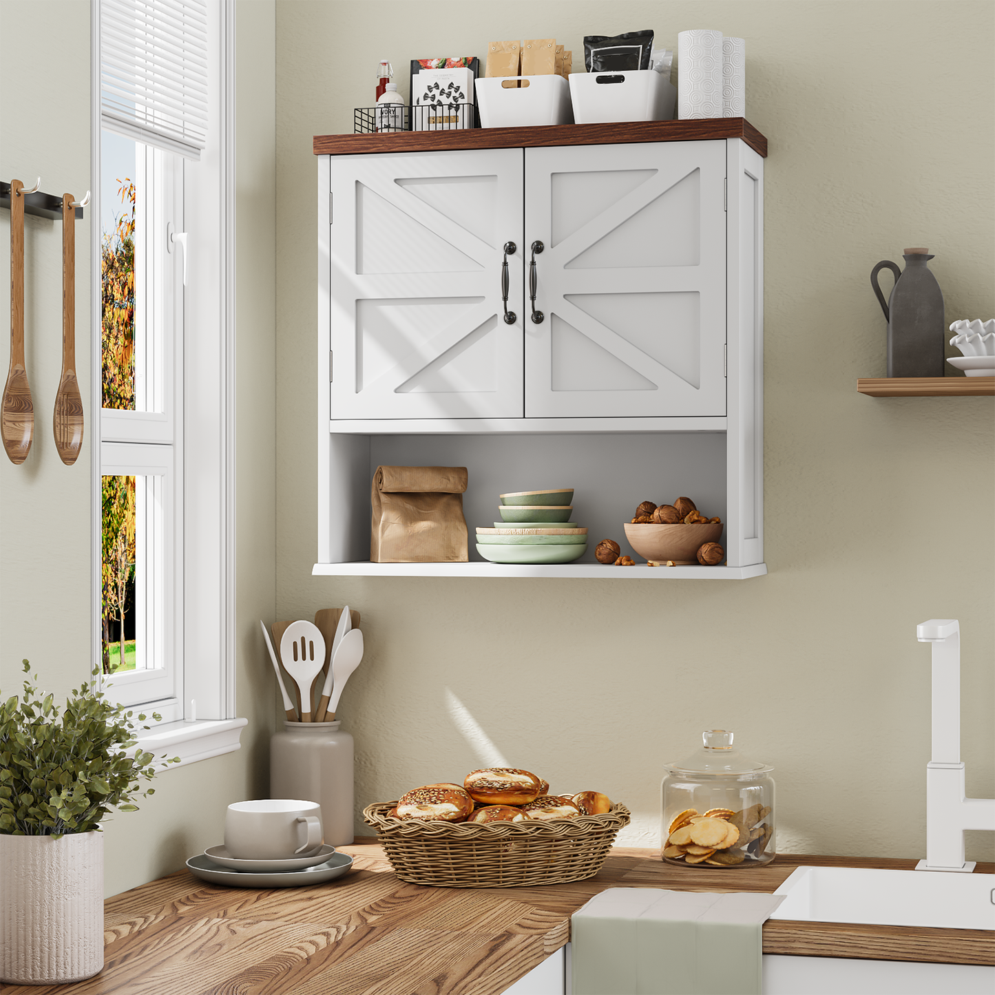 Semiocthome Farmhouse Bathroom Cabinet Medicine Cabinet with Adjustable Shelf for Bathroom,White,Wooden