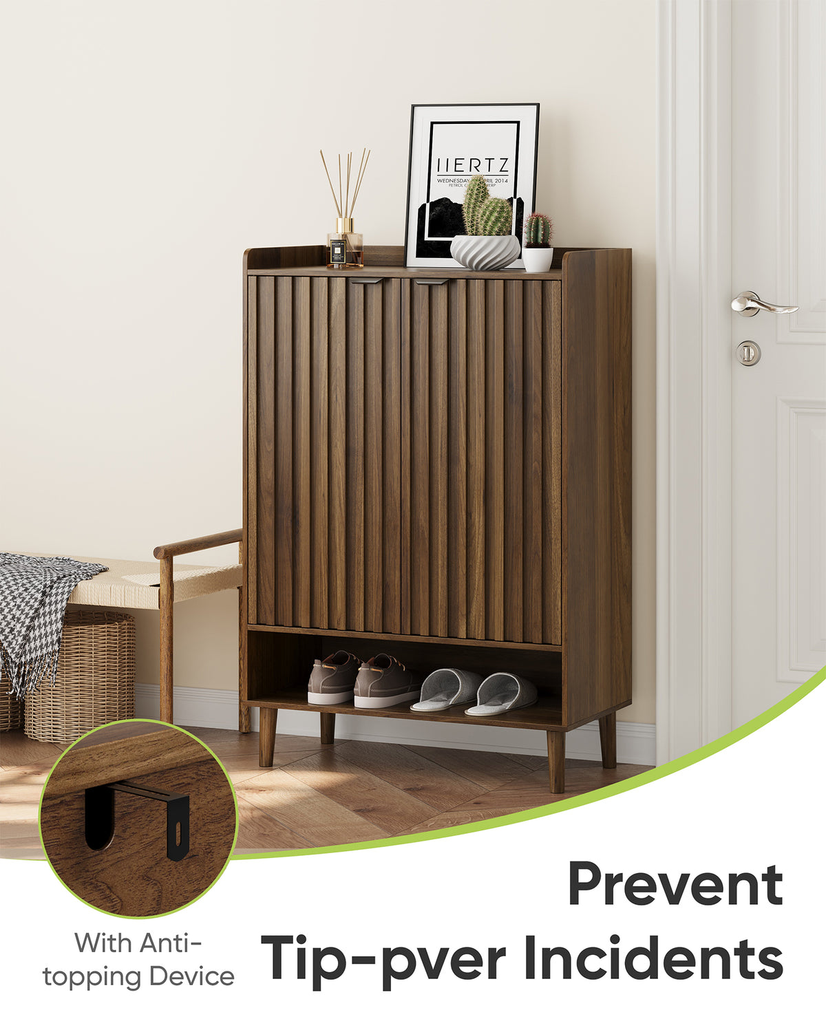 Smart FENDEE 6-Tier Shoe Storage Cabinet with 2 Fluted Doors, Entryway Shoe Storage, Walnut