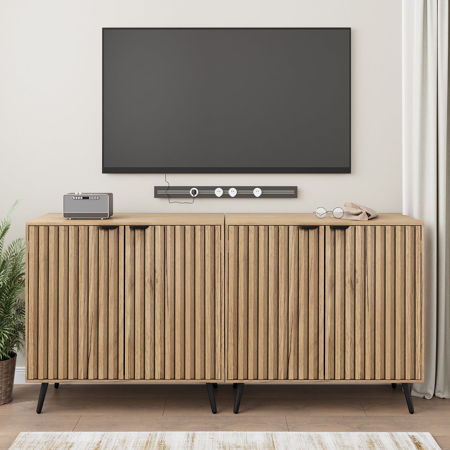 Semiocthome Sideboard Cabinet with 2 Fluted Doors and 1 Adjustable Shelves for Dining Room, Natural
