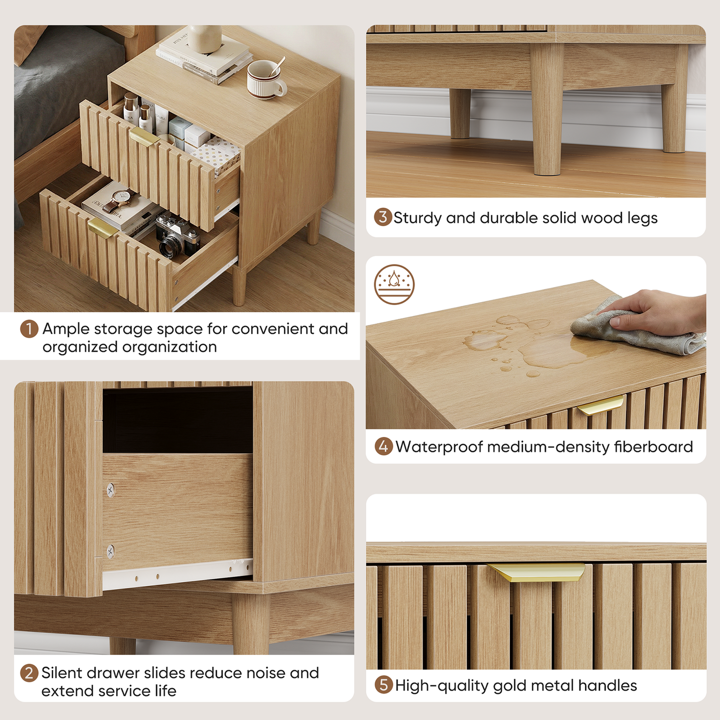 Semiocthome Nightstand Set of 2, Bedside Table with 2 Grille Drawers for Bedrooms, Natural Oak, Adult