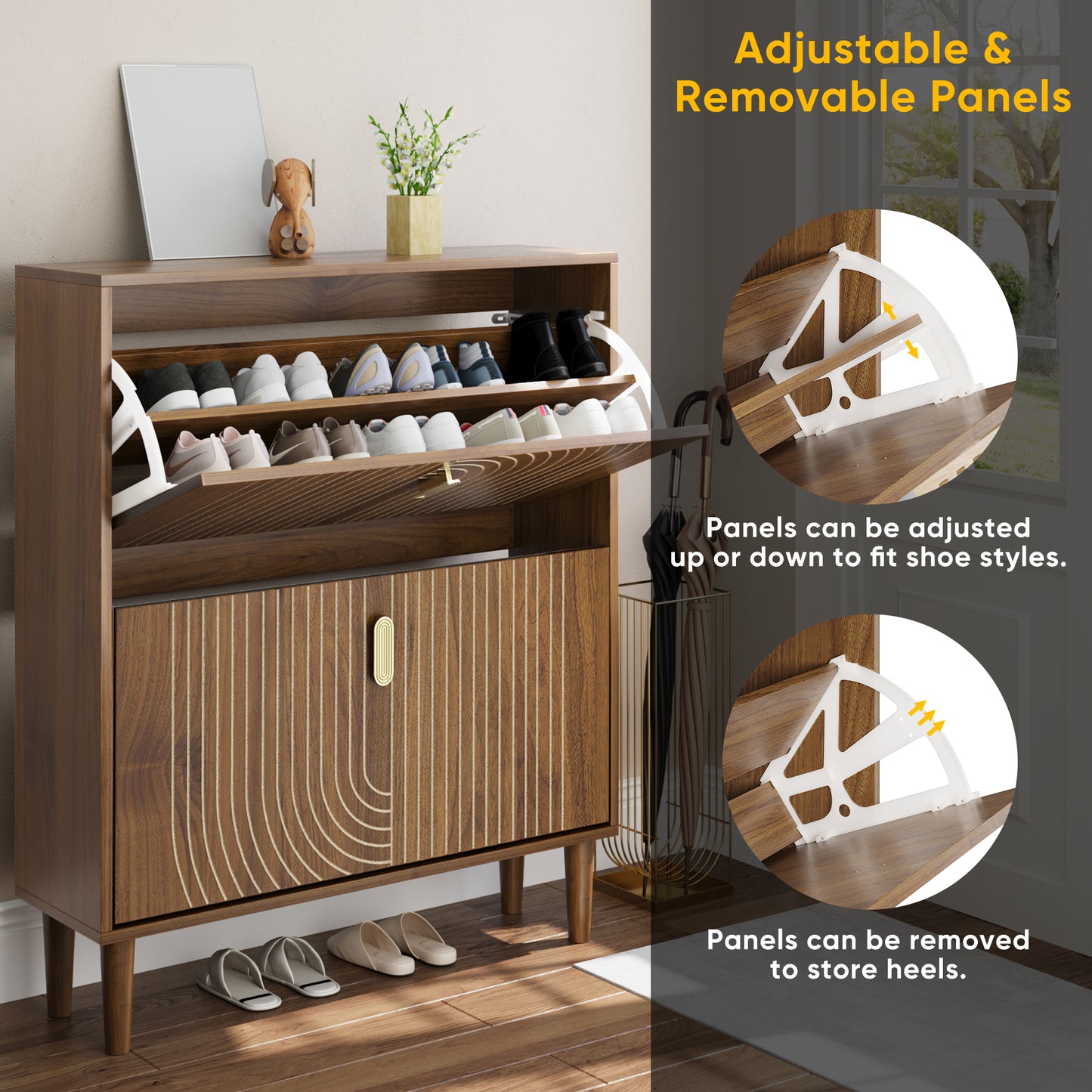 Semiocthome 31.5" Shoe Storage Cabinet with 2 Flip Drawers and Line Groove Design, Entryway, Walnut