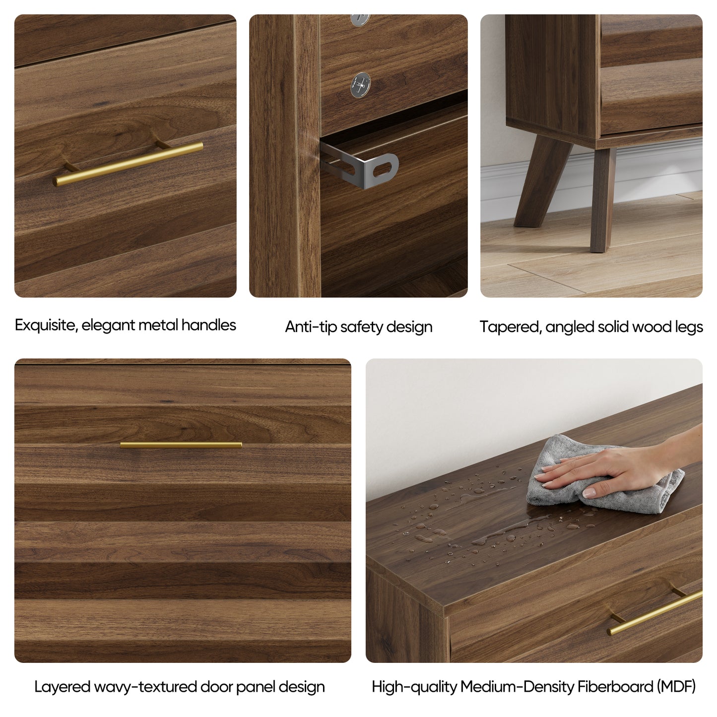 Semiocthome Mid-Century Shoe Cabinet, Shoe Storage with 2 Wavy Texture Drawers for Hallway, Walnut