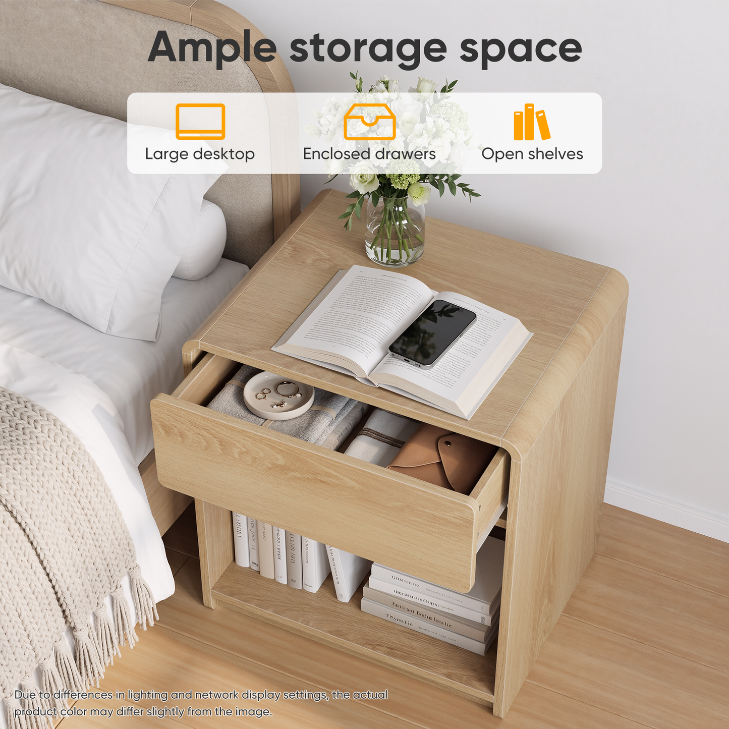Semiocthome Modern Nightstand Set of 2 with Rounded Corners, Bedside Table for Bedroom, Oak
