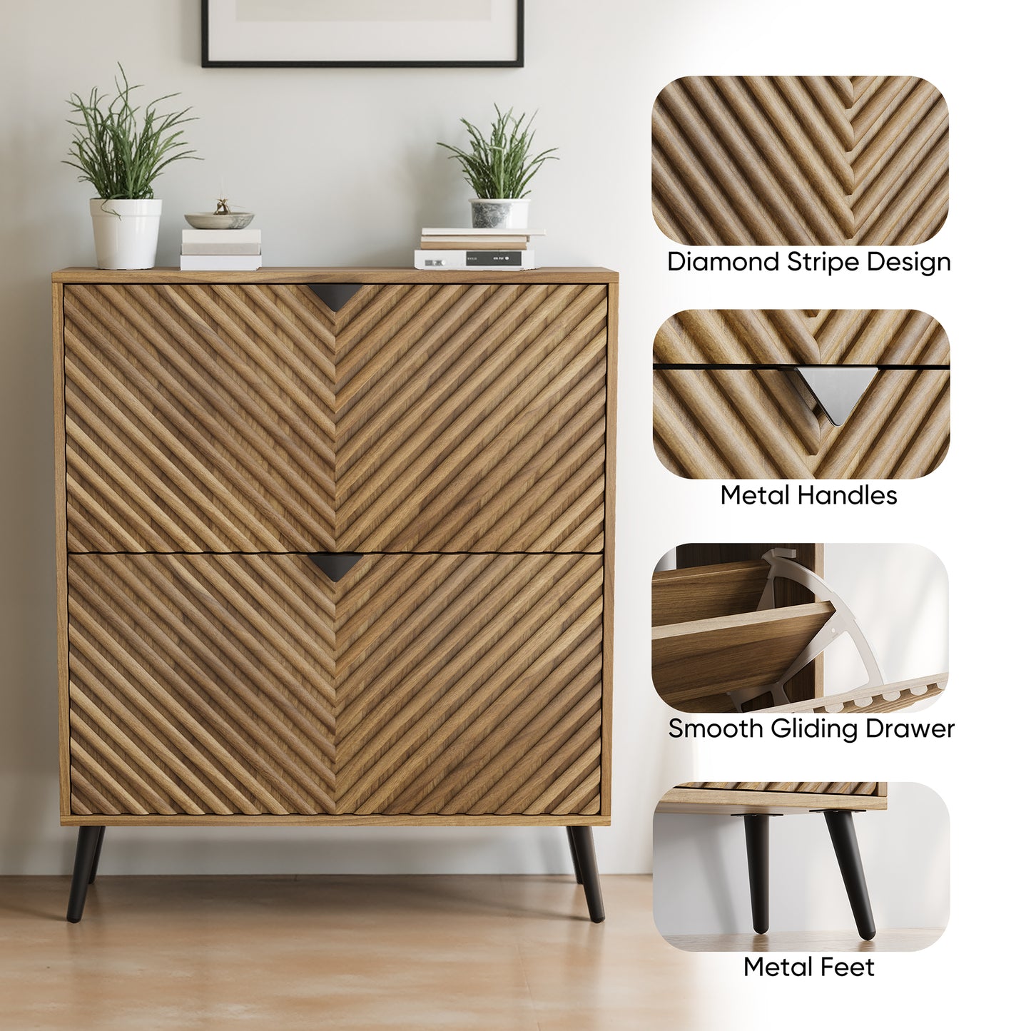 Semiocthome 31.5" Shoe Cabinet with 2 Fluted Diamond Doors Entryway Shoe Storage, Walnut