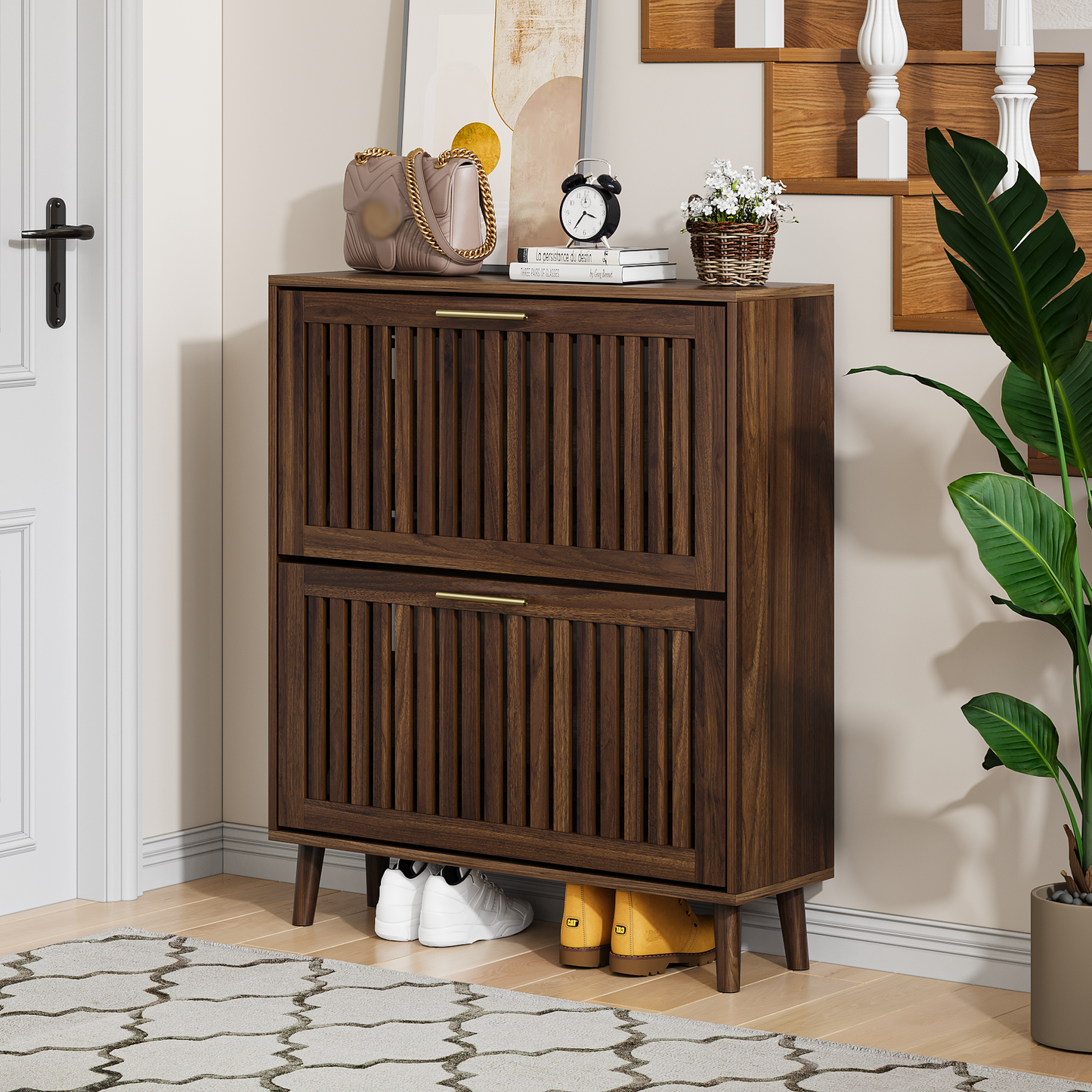 Algherohein Shoe Storage Cabinet with 2 Flip Drawers,Shoe Cabinet Entryway,Fence Walnut,Large
