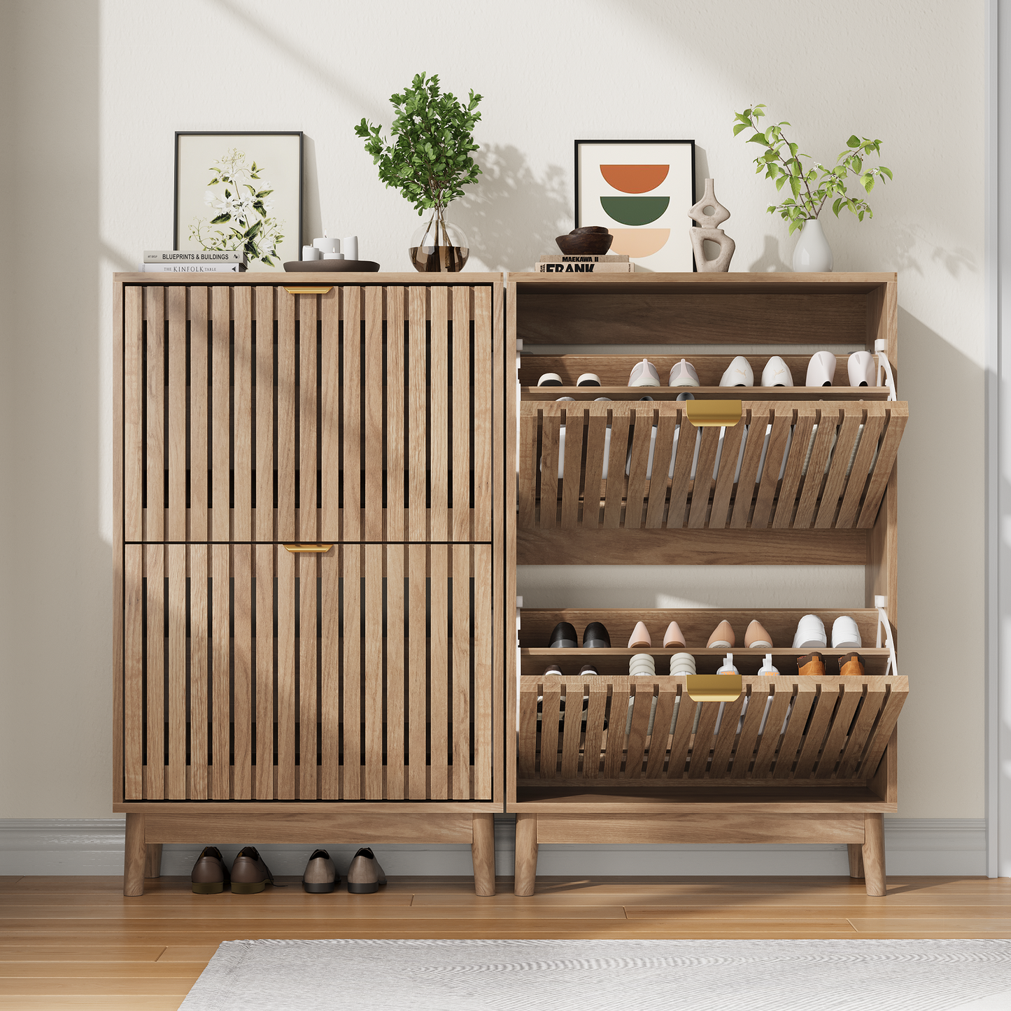 Algherohein 23.6"W Entryway Shoe Cabinet with Flip-Down Drawers, Freestanding Wooden Shoe Storage Cabinet, Walnut