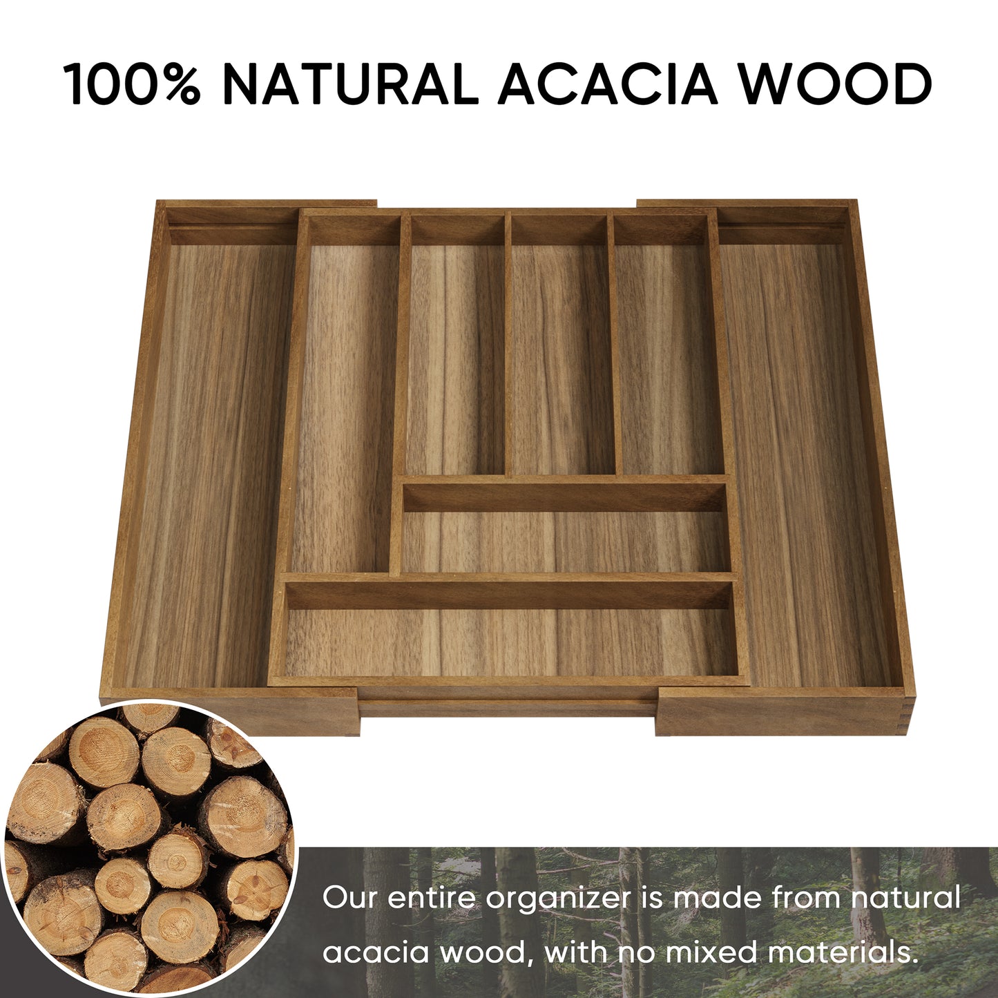 Semiocthome Acacia Wood Silverware Organizer Expandable Storage Drawer Organizer for Kitchen,8 Slot