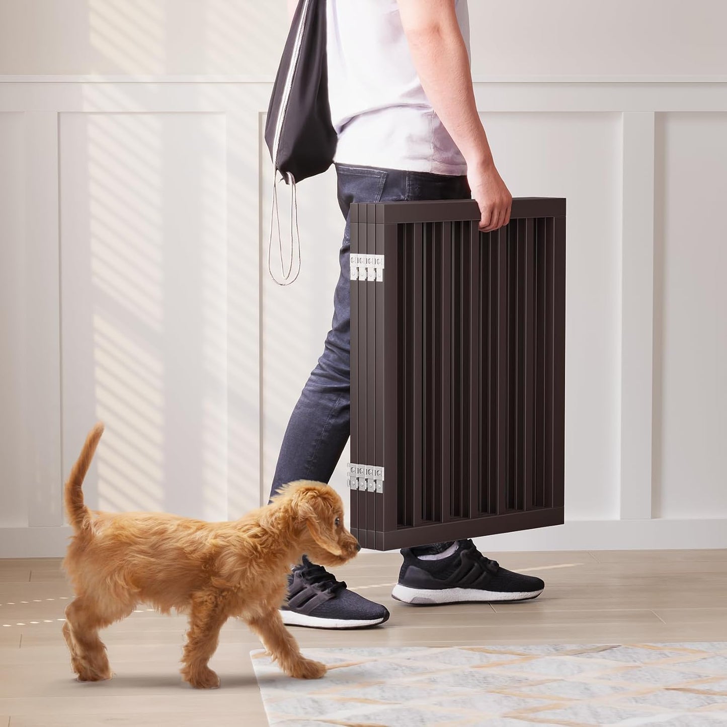 Smart FENDEE Foldable Dog Gate Extra Wide Dog Fence Bamboo Pet Gate for Doorway,24"H,Brown