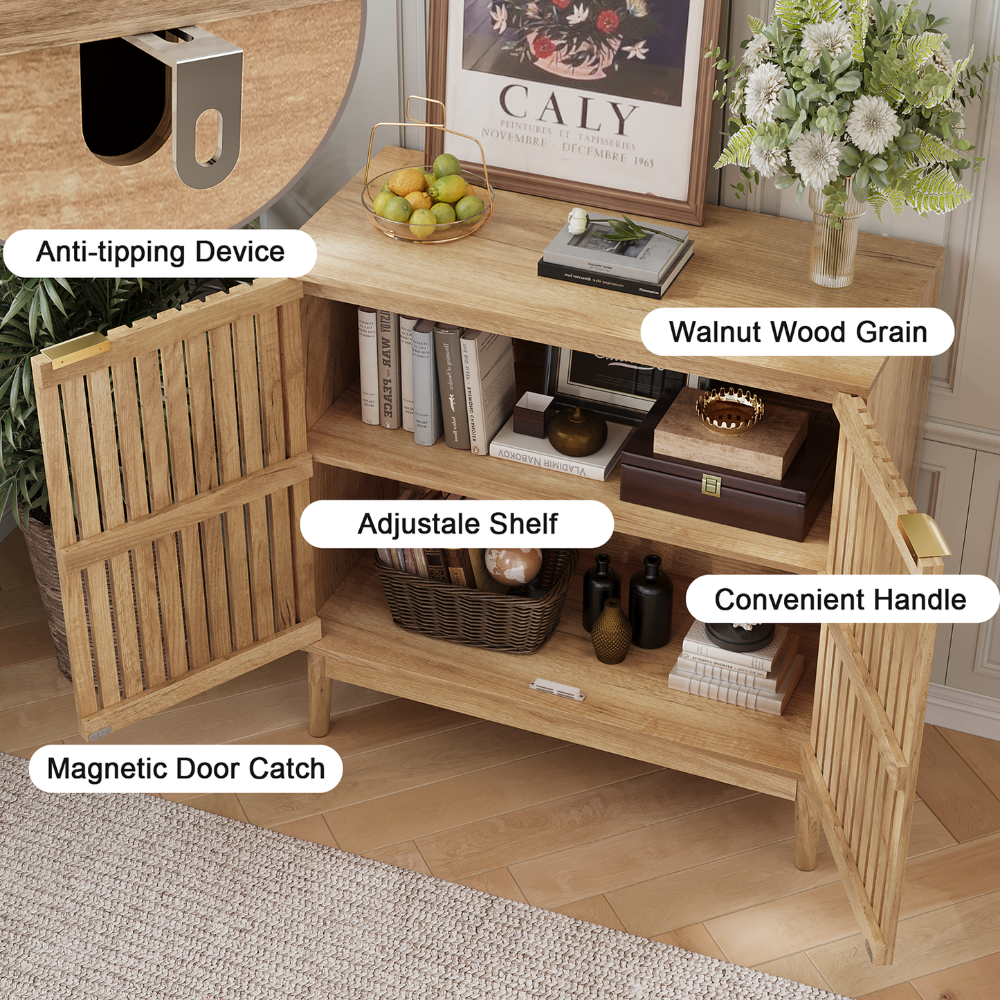 Semiocthome 31.5” Buffet Cabinet with 2 Slatted Doors and Adjustable Shelf for Kitchen, Natural