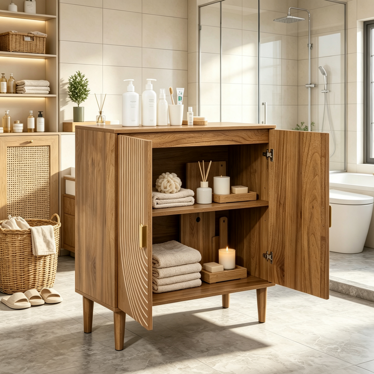 Smuxee Modern Wooden Bathroom Storage Cabinet with Carved Doors & Shelves, Freestanding Bathroom Storage Organizer,Walnut