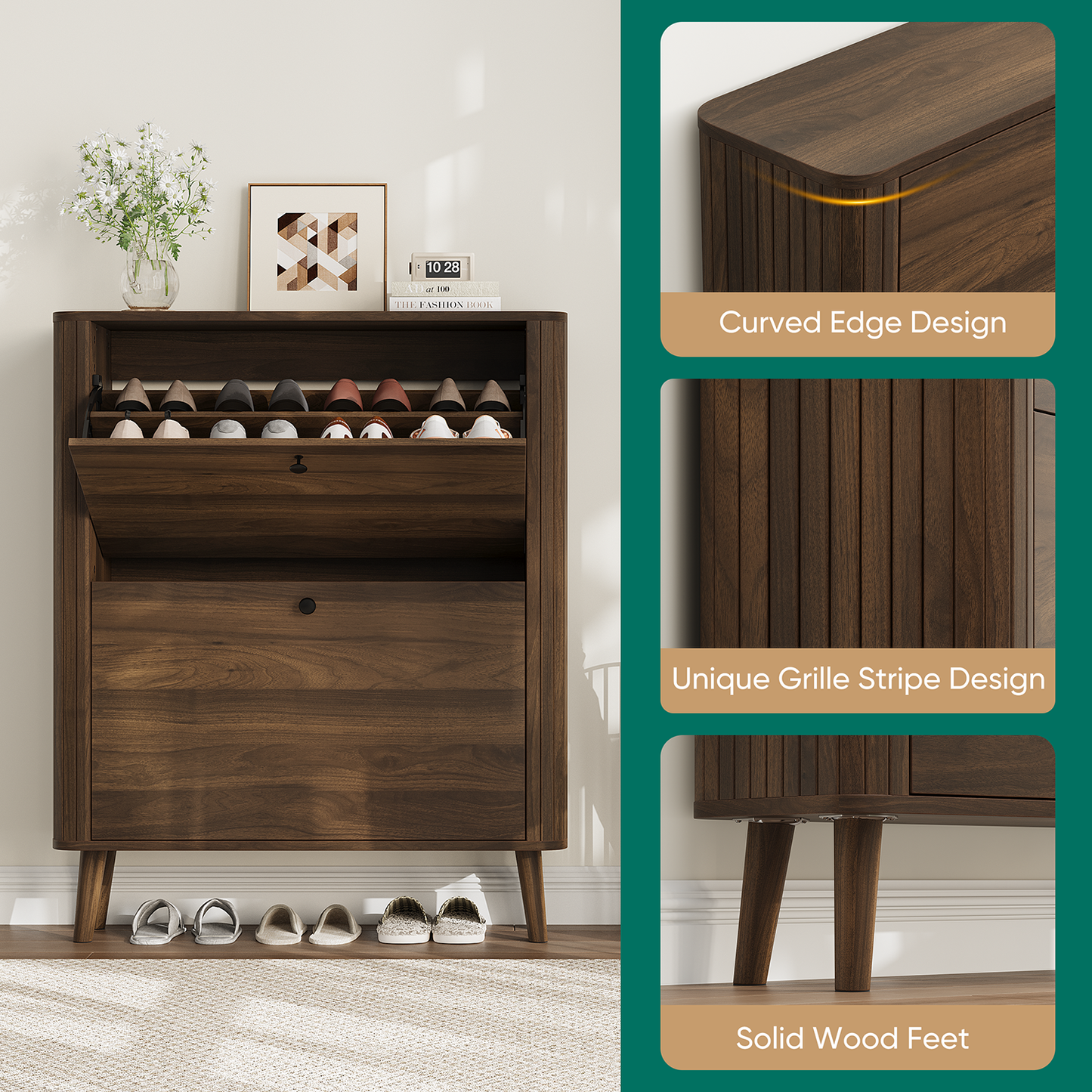 Semiocthome 31.5" Shoe Cabinet with 2 Flip Drawers, Curved Edge and Grille Stripe, Entryway, Walnut