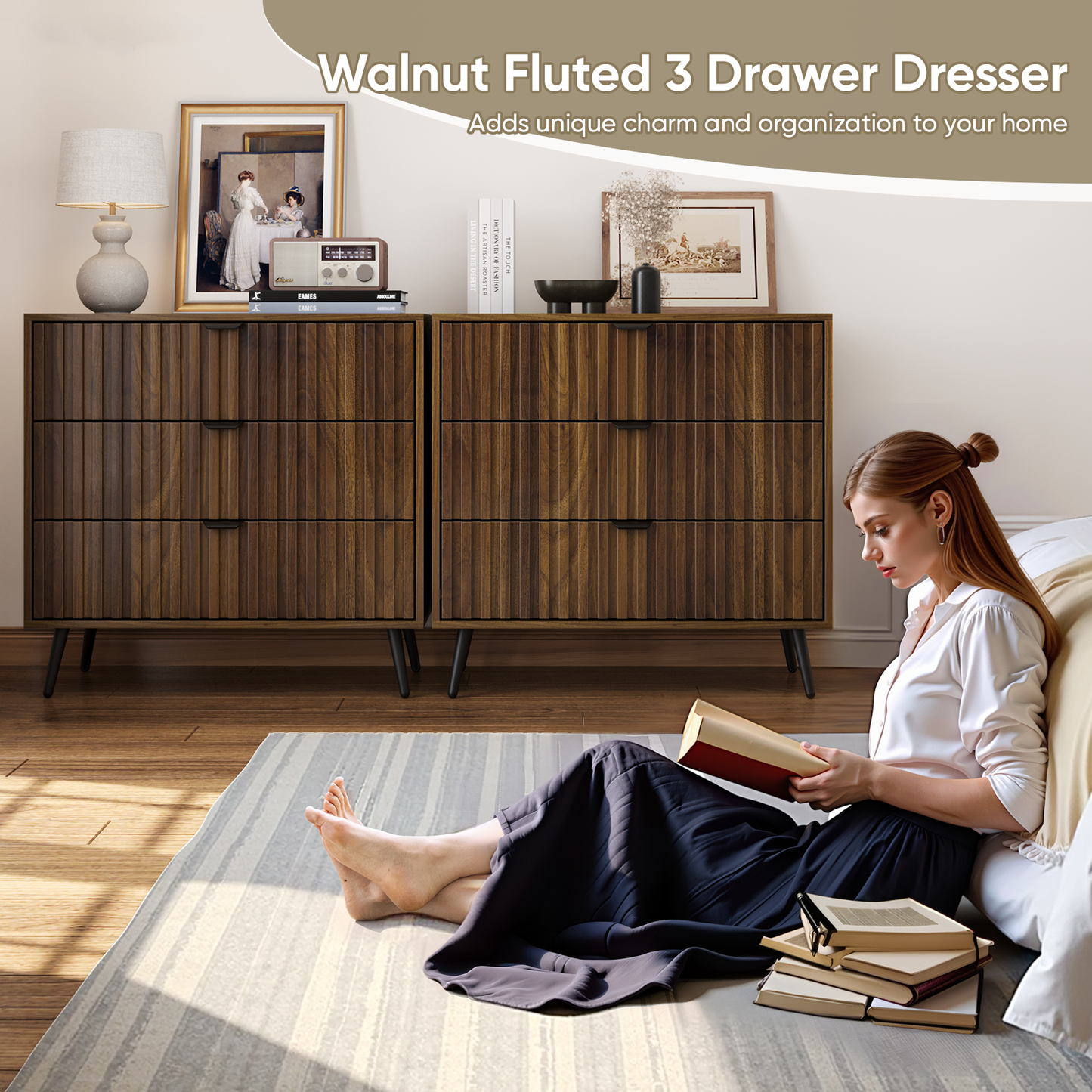 Semiocthome Dresser with 3 Fluted Drawers, Chest of Drawers for Bedroom, Walnut, Adult