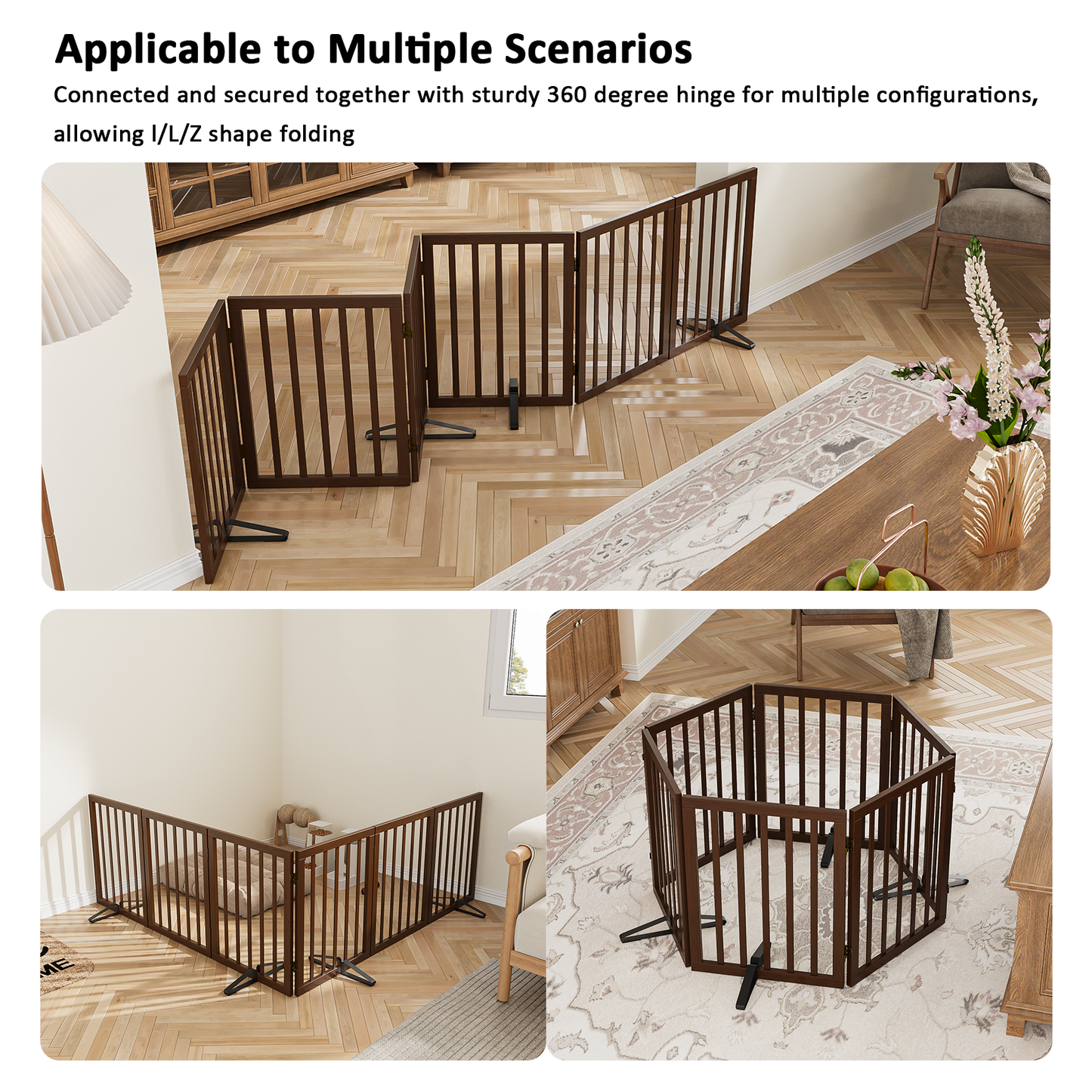 Smart FENDEE Bamboo Dog Gate Freestanding 6 Panel Pet Gate for Doorways, 4 Support Feet, Espresso