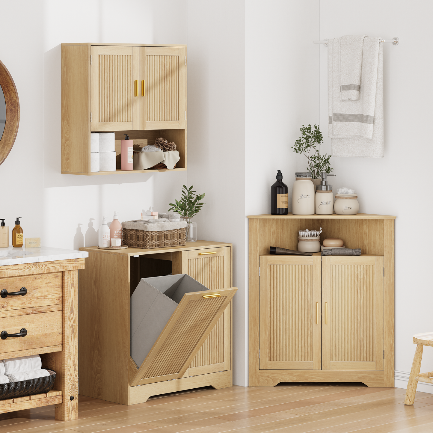 Semiocthome Wall Mounted Bathroom Cabinet Medicine Cabinet with Adjustable Shelves, Fluted Doors,Oak