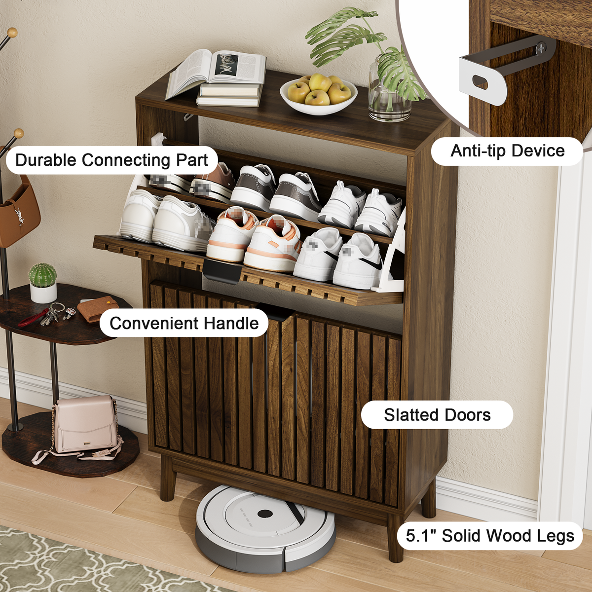 Smuxee 16-20 Pairs Shoe Storage Cabinet with Flip - Down Drawers, Wooden Freestanding Shoe Organizer for Entryway