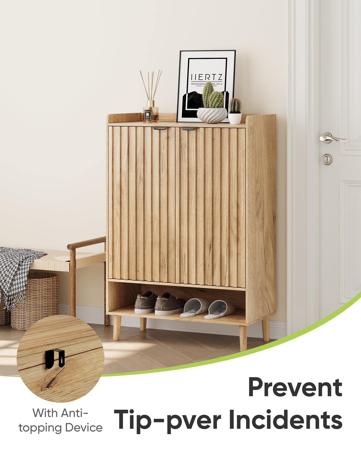 Smart FENDEE 6-Tier Shoe Storage Cabinet with 2 Fluted Doors, Entryway Shoe Storage, Natural