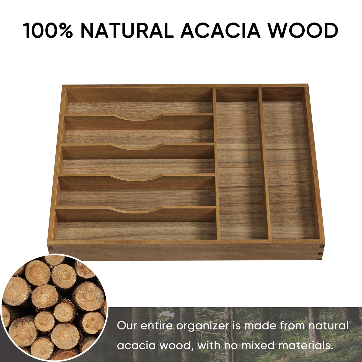 Semiocthome Drawer Organizer Silverware Organizer Kitchen Utensil Holder,7 Slots, Acacia Wood