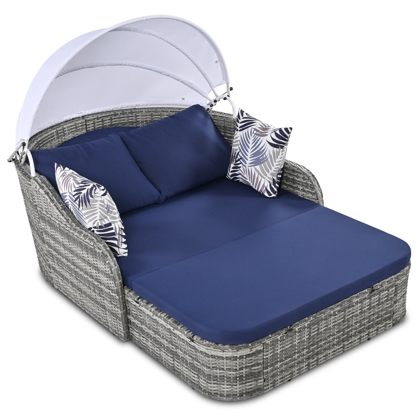 Algherohein PE Rattan Outdoor Daybed with Adjustable Canopy and Cushions,Patio Couch Bed
