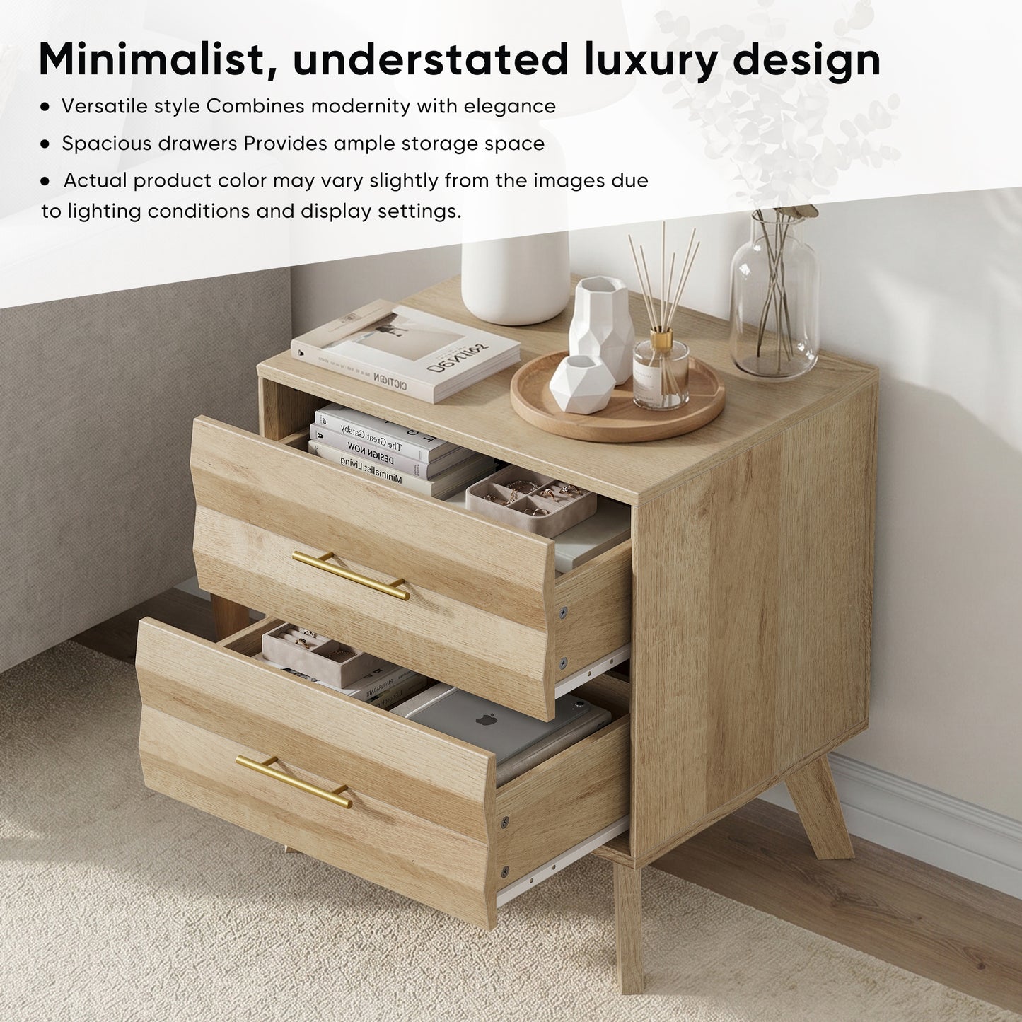Semiocthome Nightstand with 2 Drawers and Unique 3D Fluted Design, Bedside Table for Bedroom, Oak