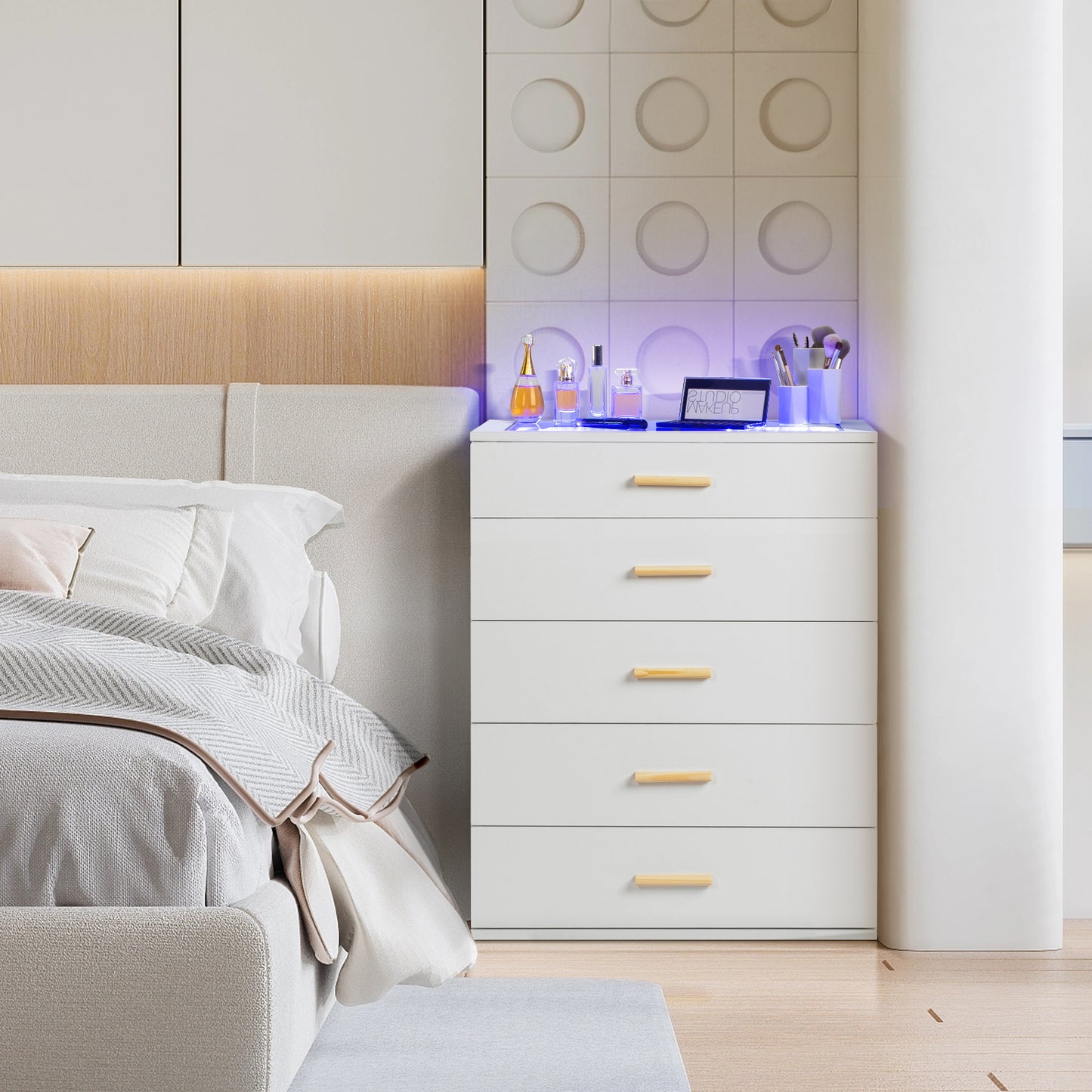 Semiocthome 5 Drawer Dresser with Glass Top and RGB Light Storage Cabinet for Jewelry Display