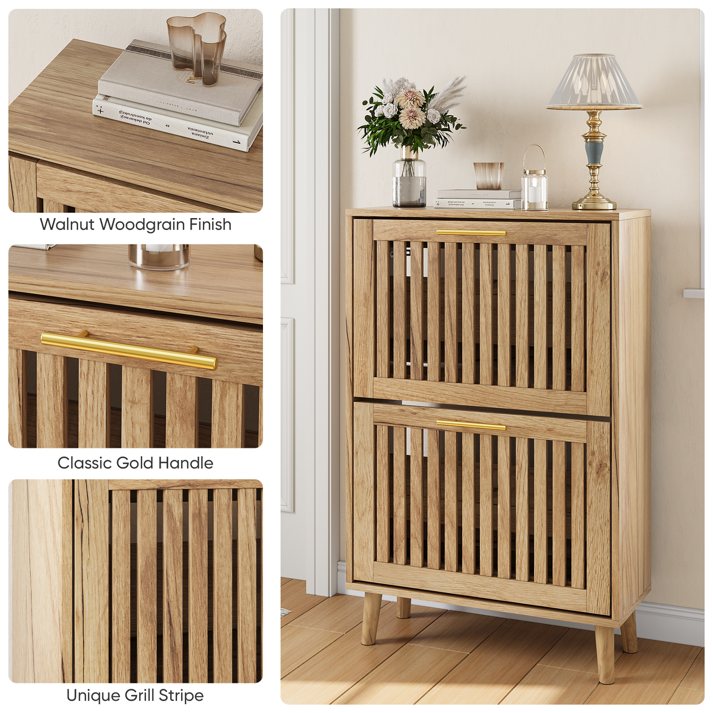 Algherohein Narrow Shoe Cabinet for Entryway, Freestanding Wooden Shoe Organizer Cabinet with 2 Flip Drawers & Adjustable Shelves