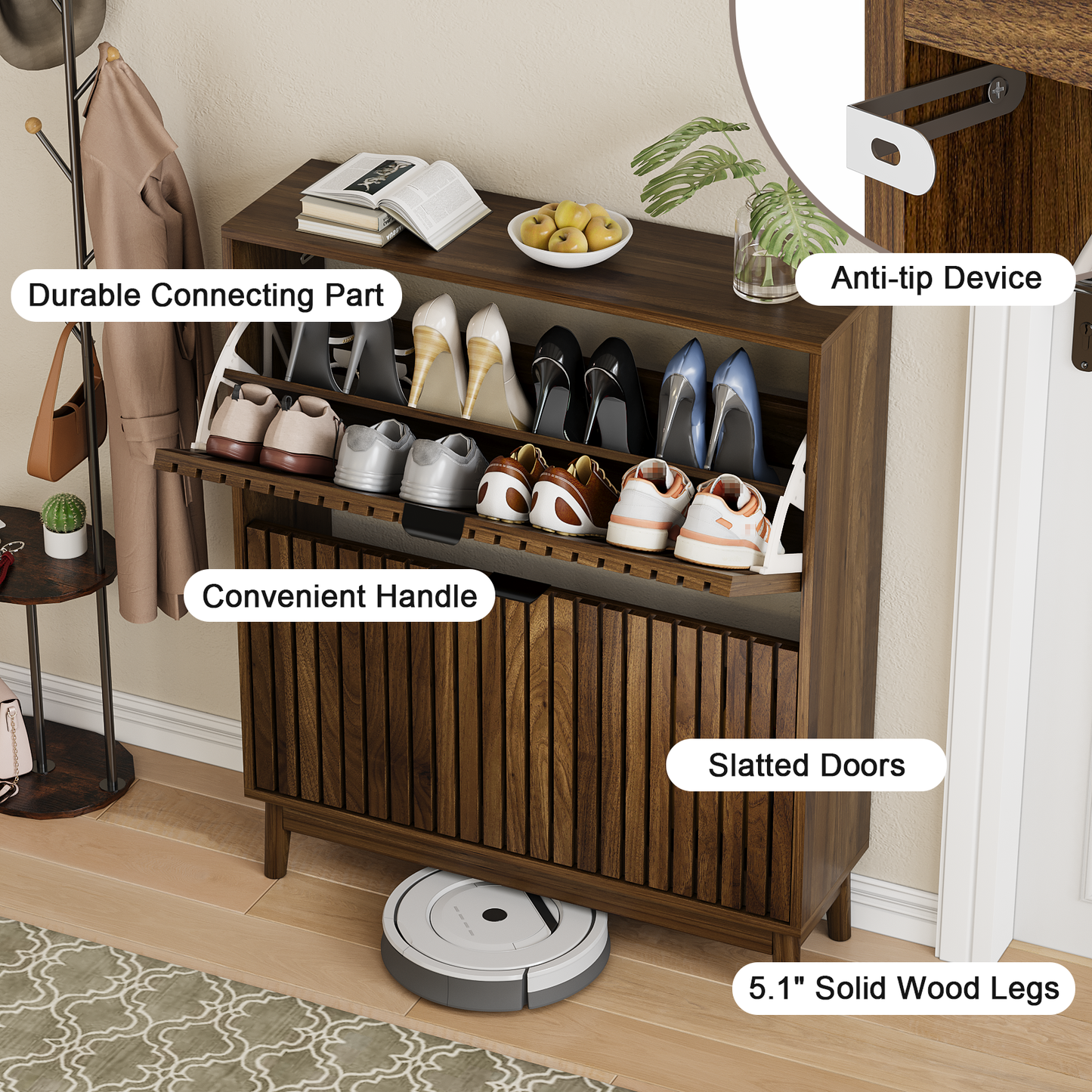 Algherohein 16-20 Pairs Shoe Storage Cabinet with Flip-Down Drawers,Freestanding Entryway Slim Shoe Cabinet, Walnut