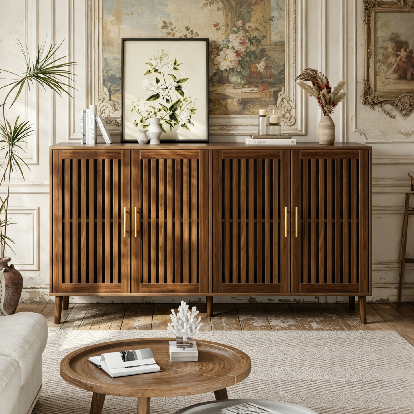 Algherohein Modern Sideboard Buffet with Slatted Barn Doors, Wood Accent Storage Consol, TV Stand, Coffee Bar for Dining Room