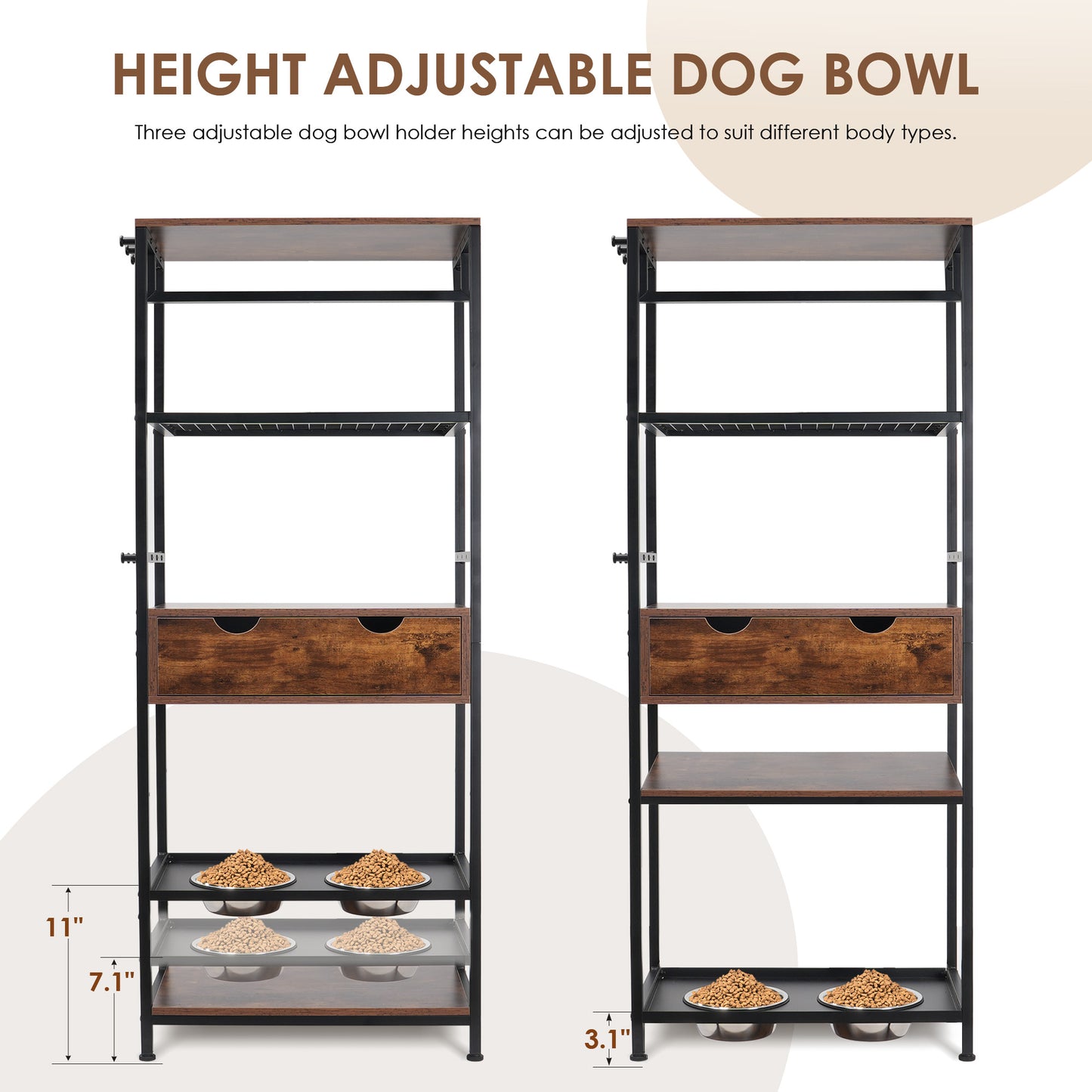 Smart FENDEE Dog Feeder Station with 3 Adjustable Raised Dog Bowls and Shelves for Living Room,Brown