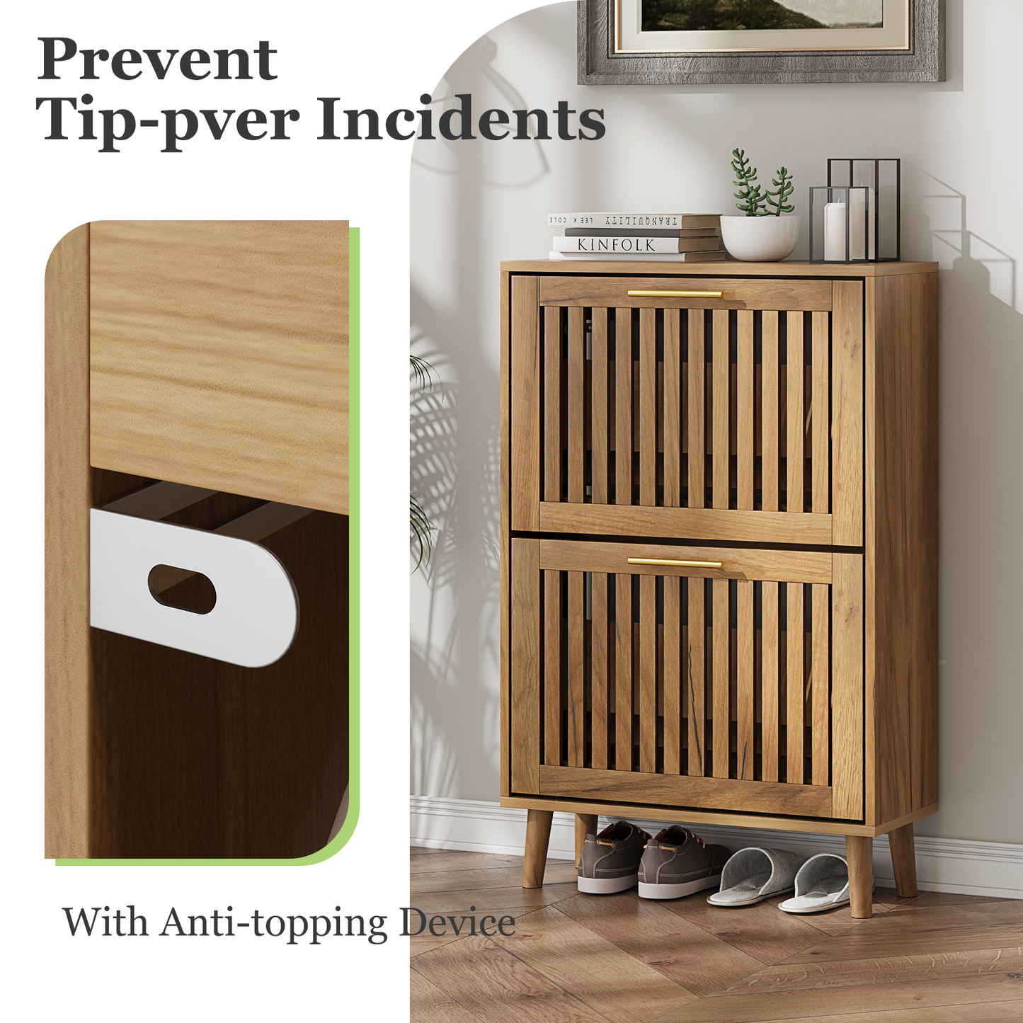 Semiocthome 23.6" Shoe Storage Cabinet with 2 Flip Louvered Drawers for Entryway, Hallway, Natural