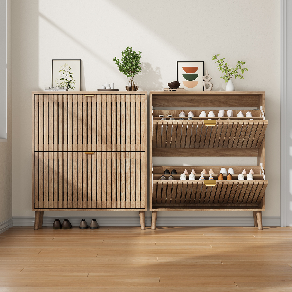 Semiocthome 31.5" Shoe Cabinet, Shoe Storage Cabinet with 2 Flip Drawers, Ventilated Grille Design,Tall Legs, Entryway, Natural