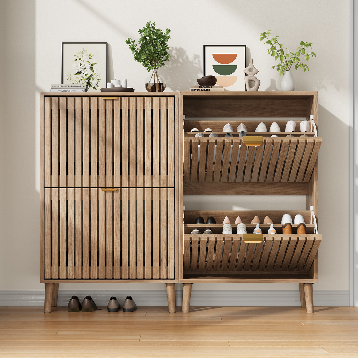 Semiocthome 23.6" Shoe Cabinet, Shoe Storage Cabinet with 2 Flip Drawers, Ventilated Grille Design,Tall Legs, Entryway, Natural