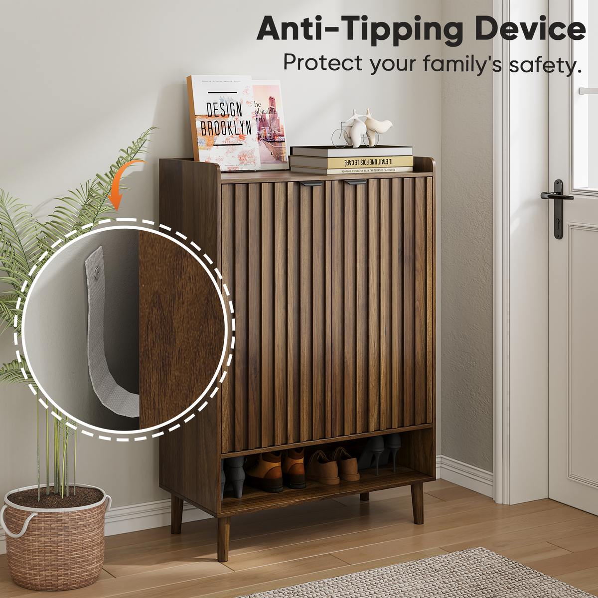 Semiocthome 6-Tier Shoe Cabinet with Fluted Doors and Adjustable Shelves, Shoe Storage for Entryway,Walnut