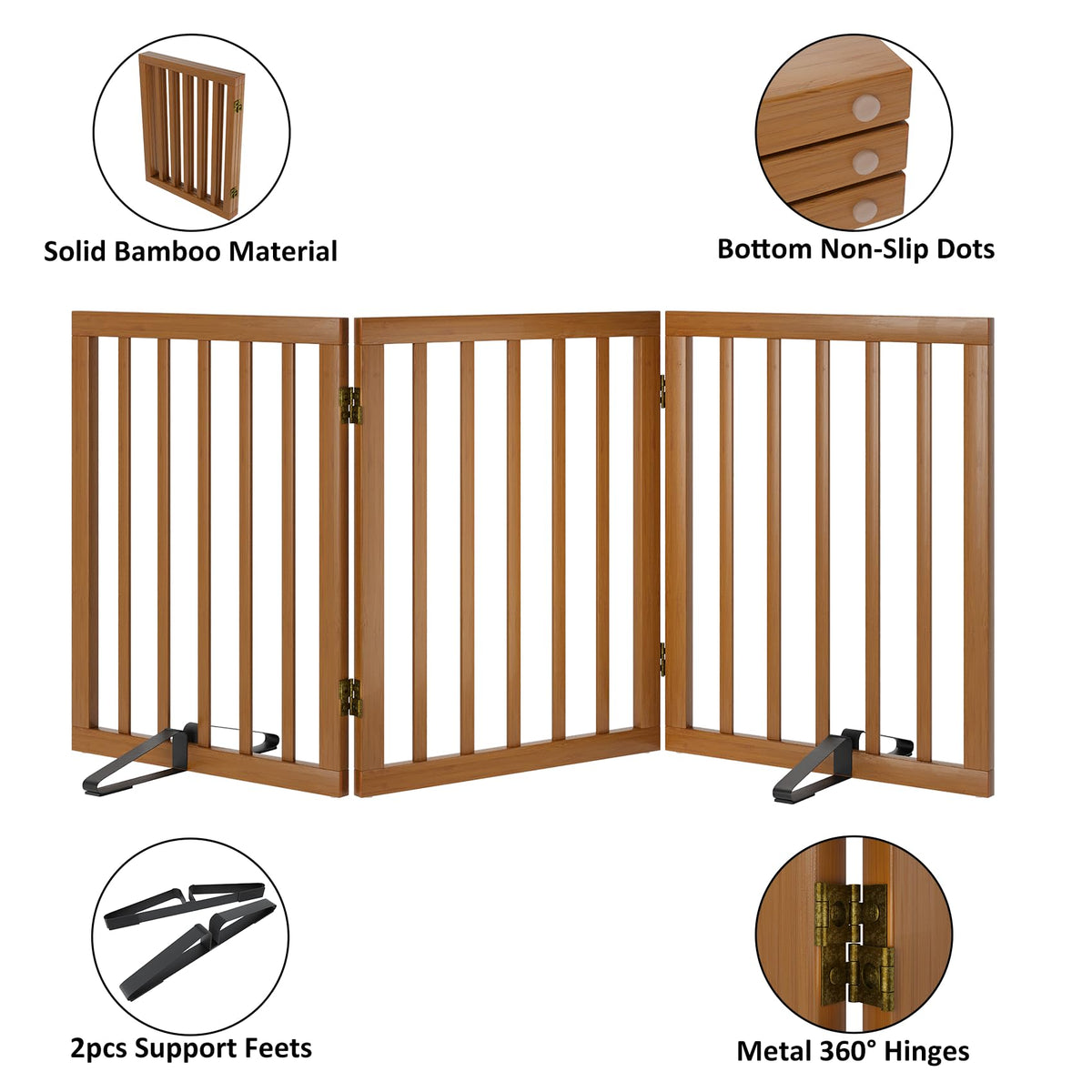 Smart FENDEE Bamboo Dog Gate Freestanding Pet Gate with 2 Support Feet for Doorways,Walnut,24"H