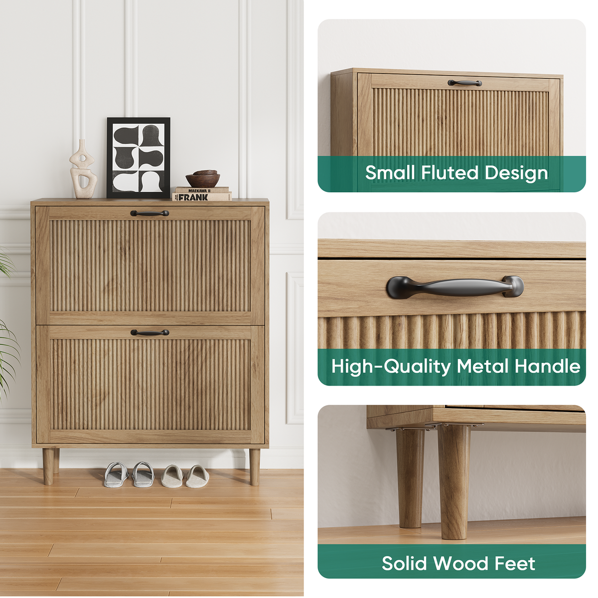 Semiocthome 31.5" Shoe Cabinet with 2 Flip Drawers, Small Fluted Doors, Shoe Storage Cabinet for Entryway,Natural