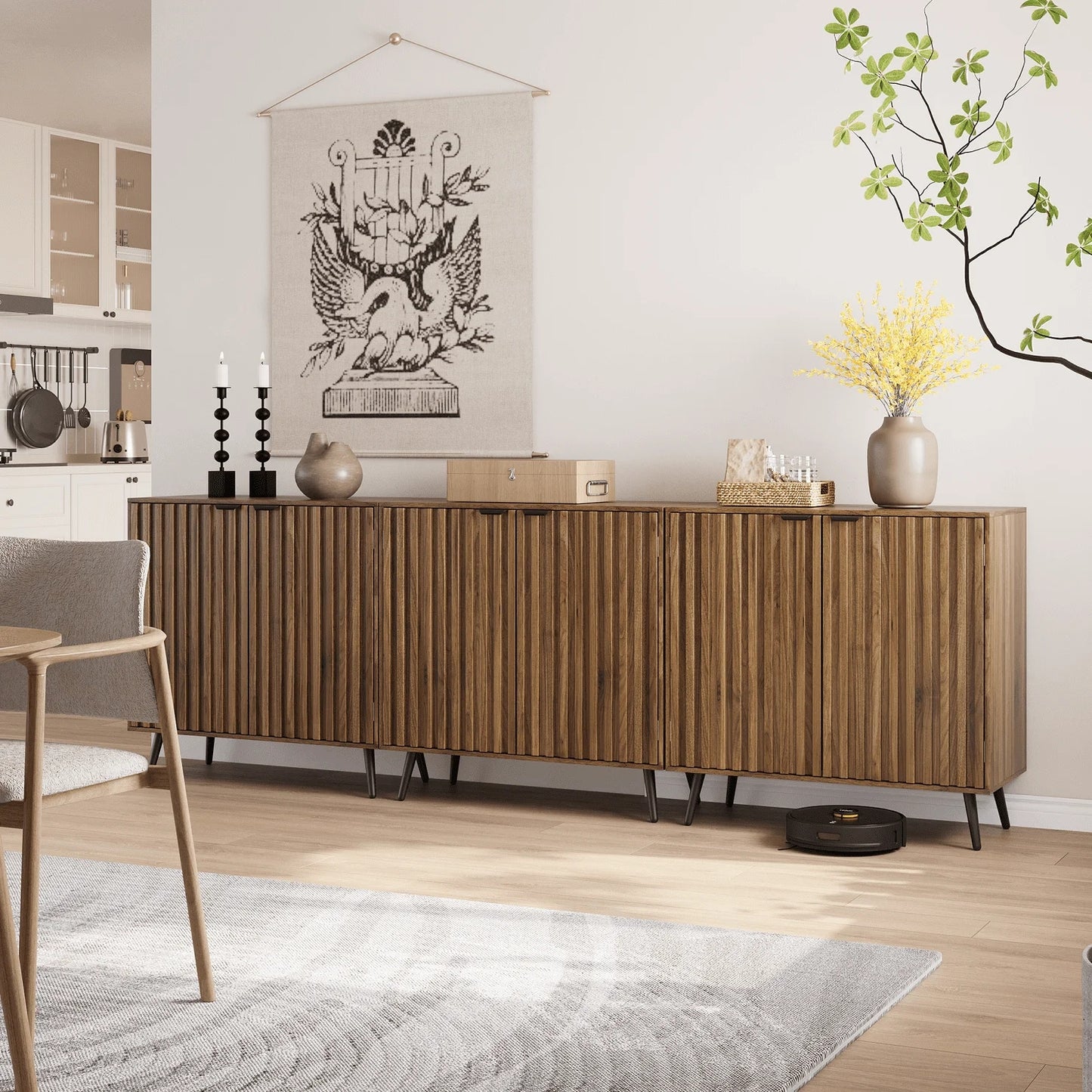 Algherohein Modern Sideboard and Buffets with 1 Storage Shelf,Entryway Fluted Cabinet with Doors