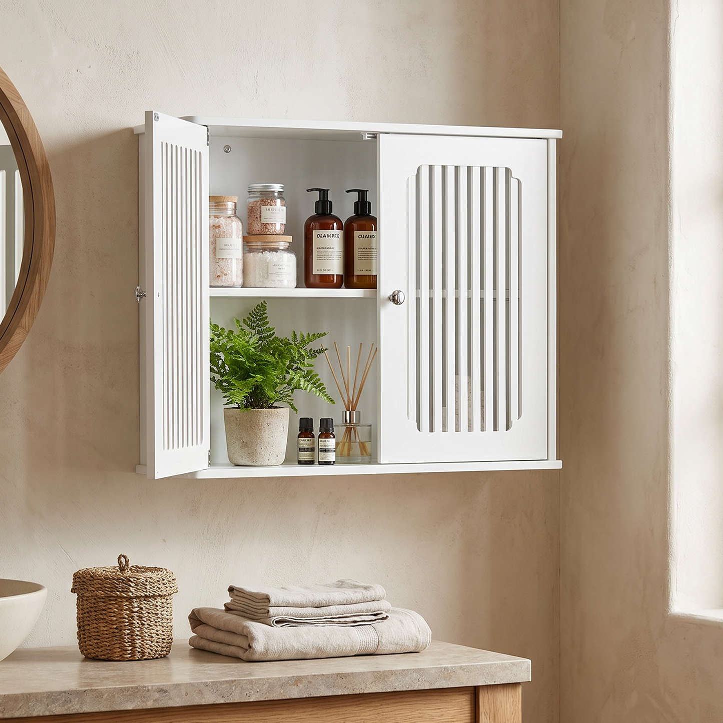Smuxee Bathroom Wall Cabinet with Doors & Open Shelf, Wood Medicine Wall Mounted Bathroom Storage Organizer