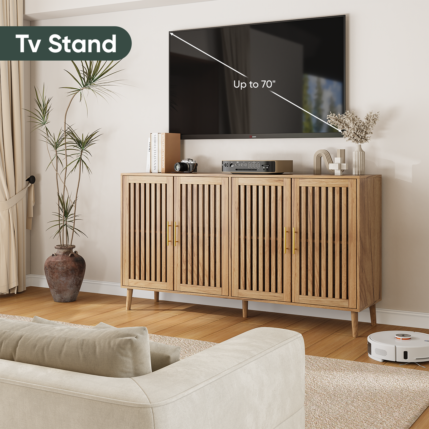 Smart FENDEE 63"W Sideboard Storage Cabinet with Slatted Doors and Adjustable Shelf,Dining Room,Natural