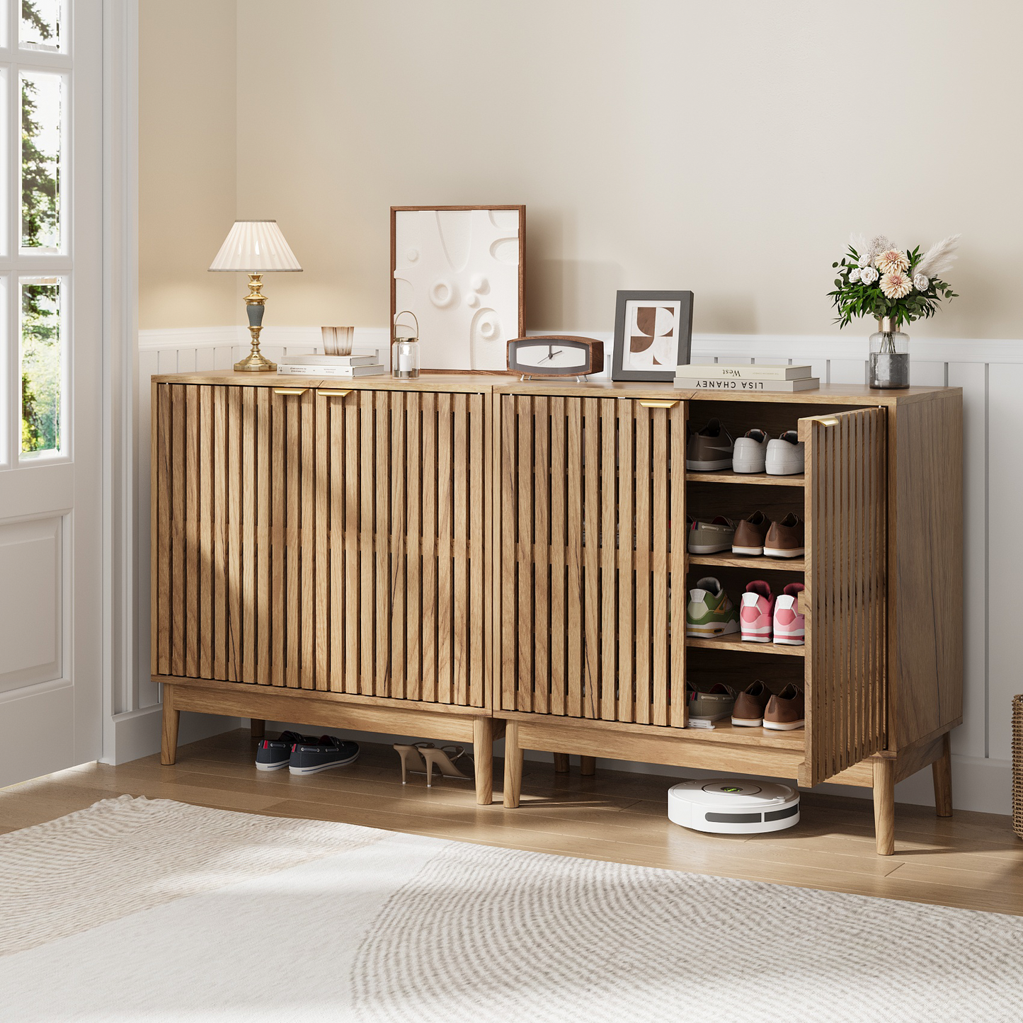 Algherohein Mid-Century Shoe Cabinet, 7-Tier, Adjustable Shelves, 20-24 Pair Capacity, Walnut