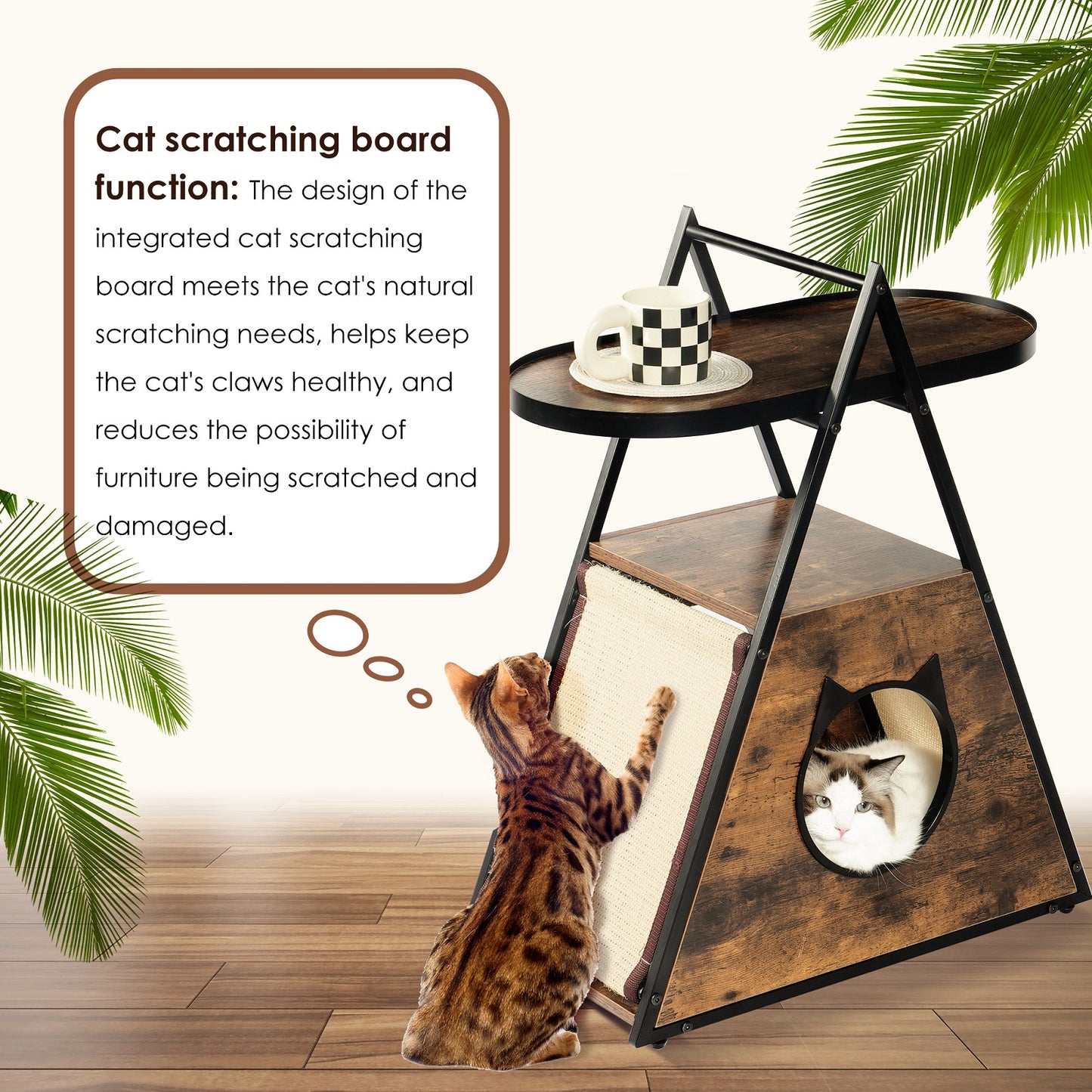 Algherohein Wood Side Table Cat House Box with Cat Scratcher,Home Storage Pet Condo Furniture,Brown