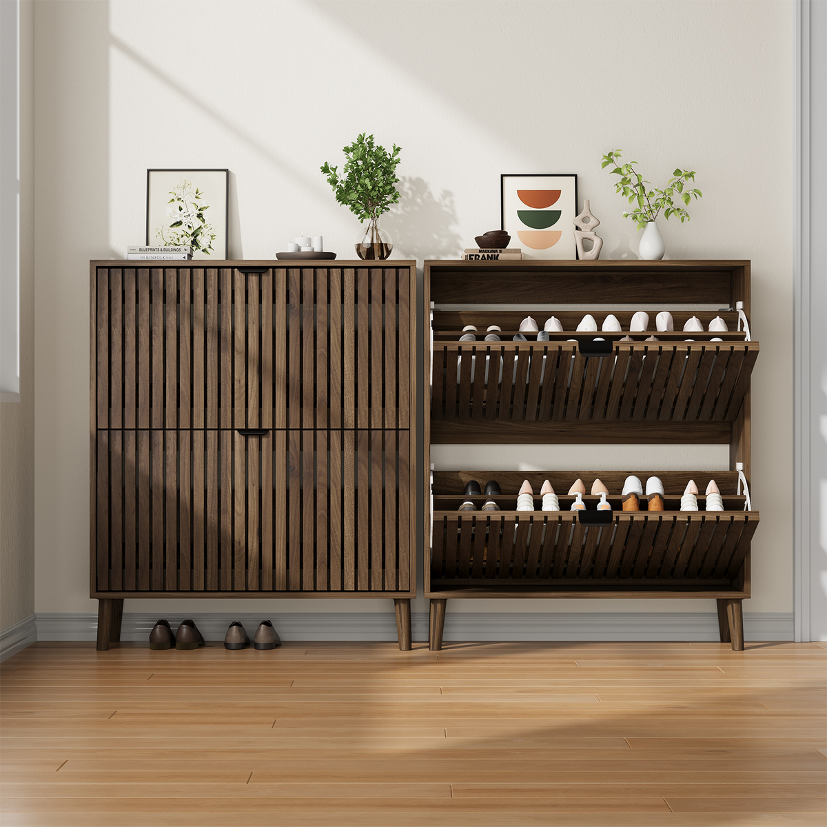Semiocthome 31.5" Shoe Cabinet, Shoe Storage Cabinet with 2 Flip Drawers, Ventilated Grille Design,Tall Legs, Entryway, Walnut