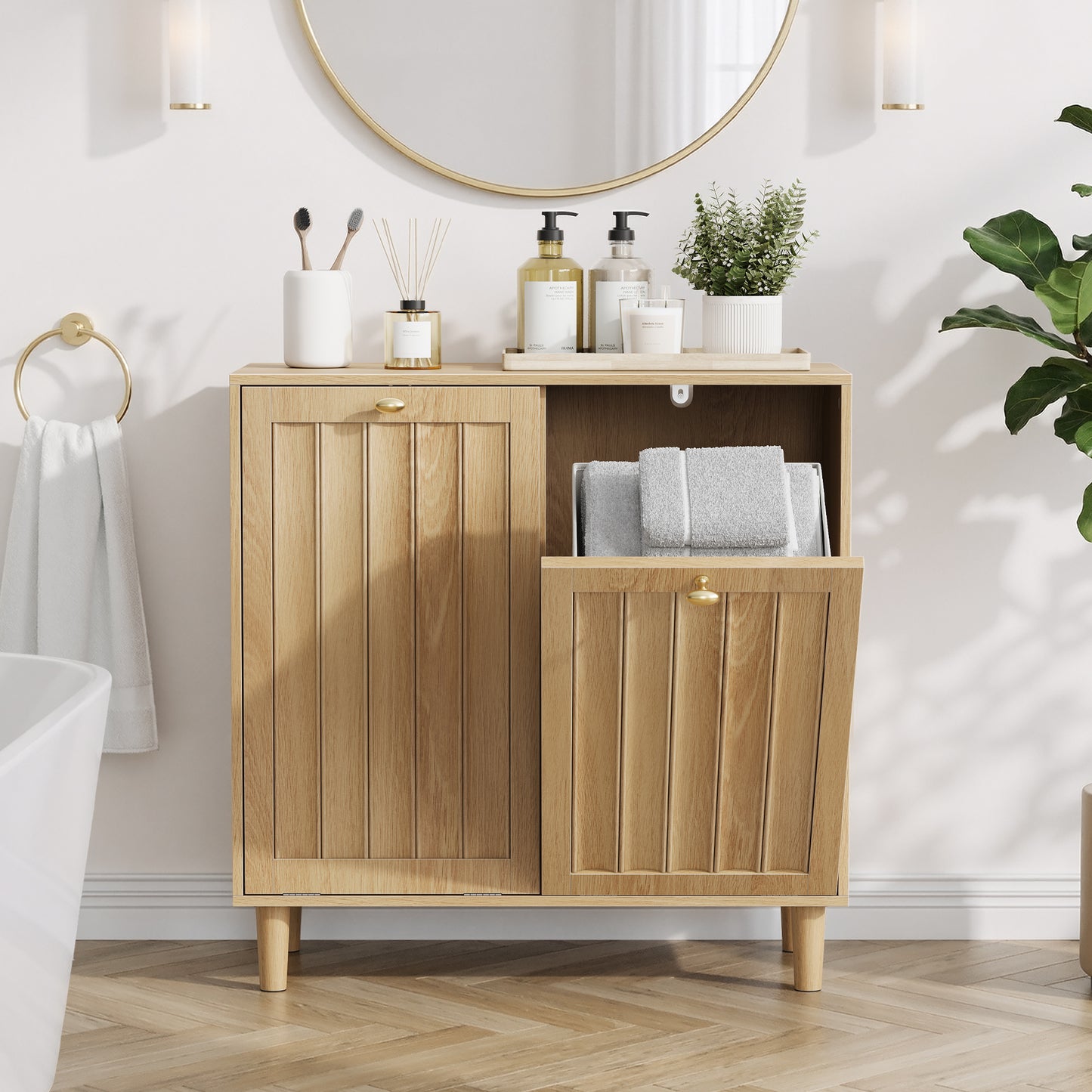 Semiocthome Laundry Hamper Cabinet with 2 Removable Fabric Bins, Storage Cabinet for Laundry Room, Bathroom Cabinet