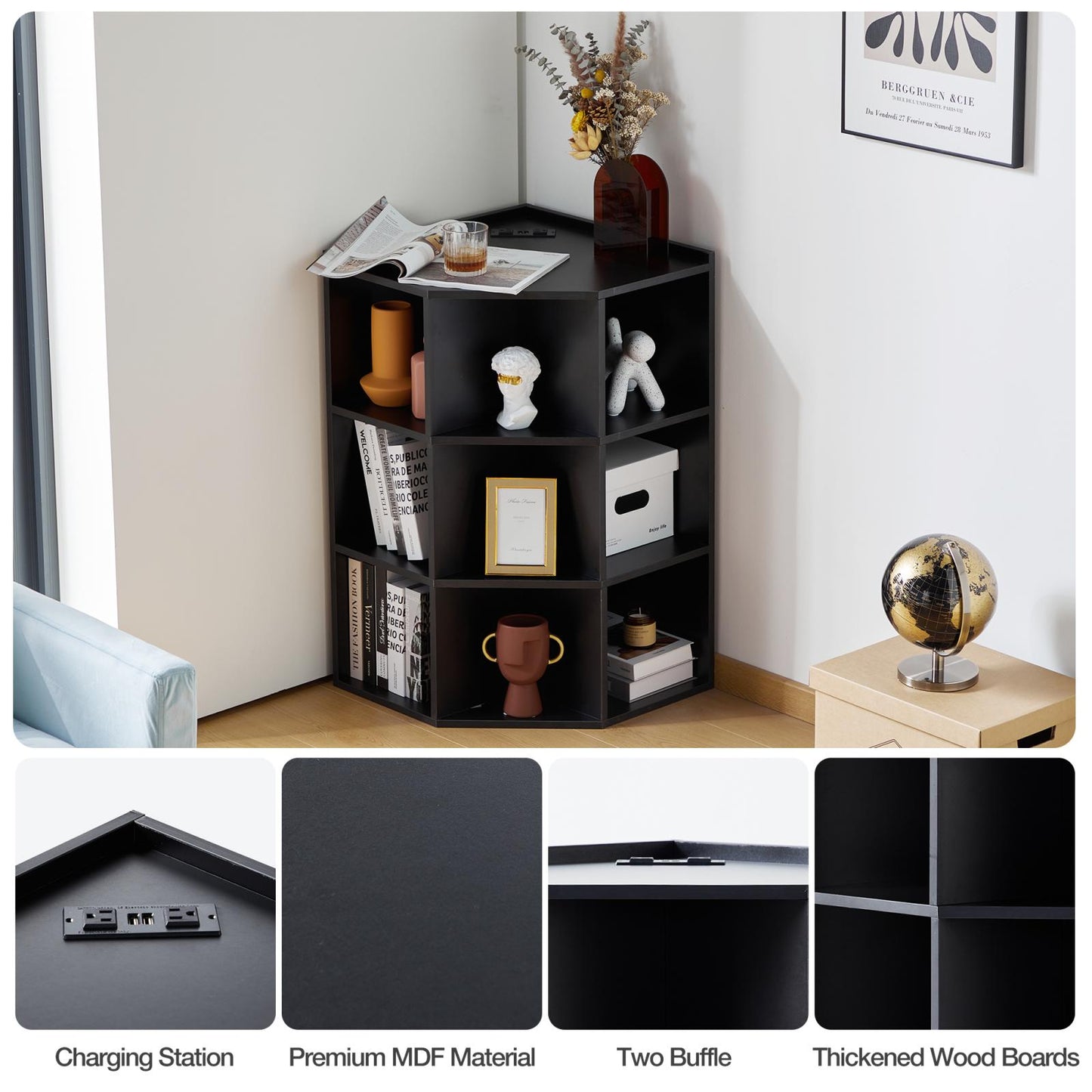 Smuxee Modern Corner Shelf with Cube Storage,USB Outlets Charging Station,Home Corner Cabinet