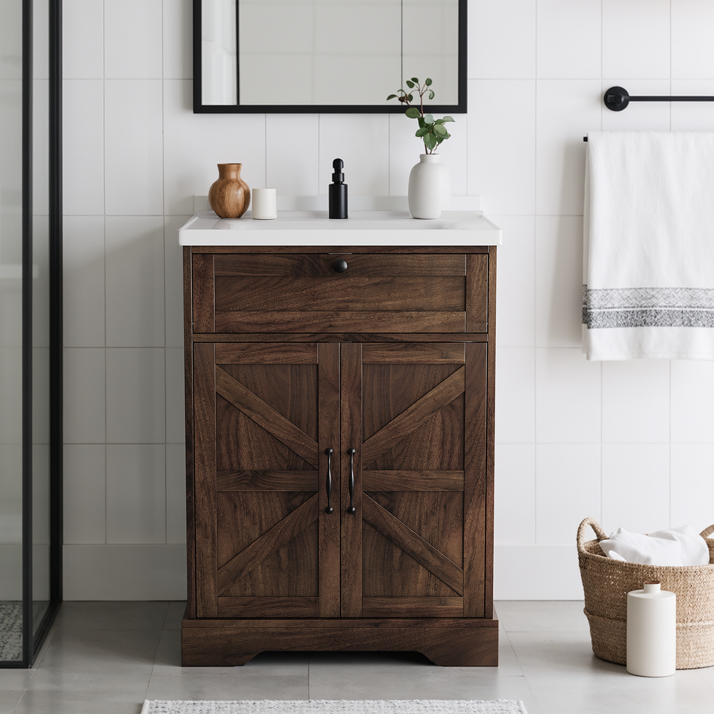 24" Bathroom Vanity with Ceramic Sink, Freestanding Bathroom Storage Cabinet with Barn Door and Flip-Down Drawer, Walnut