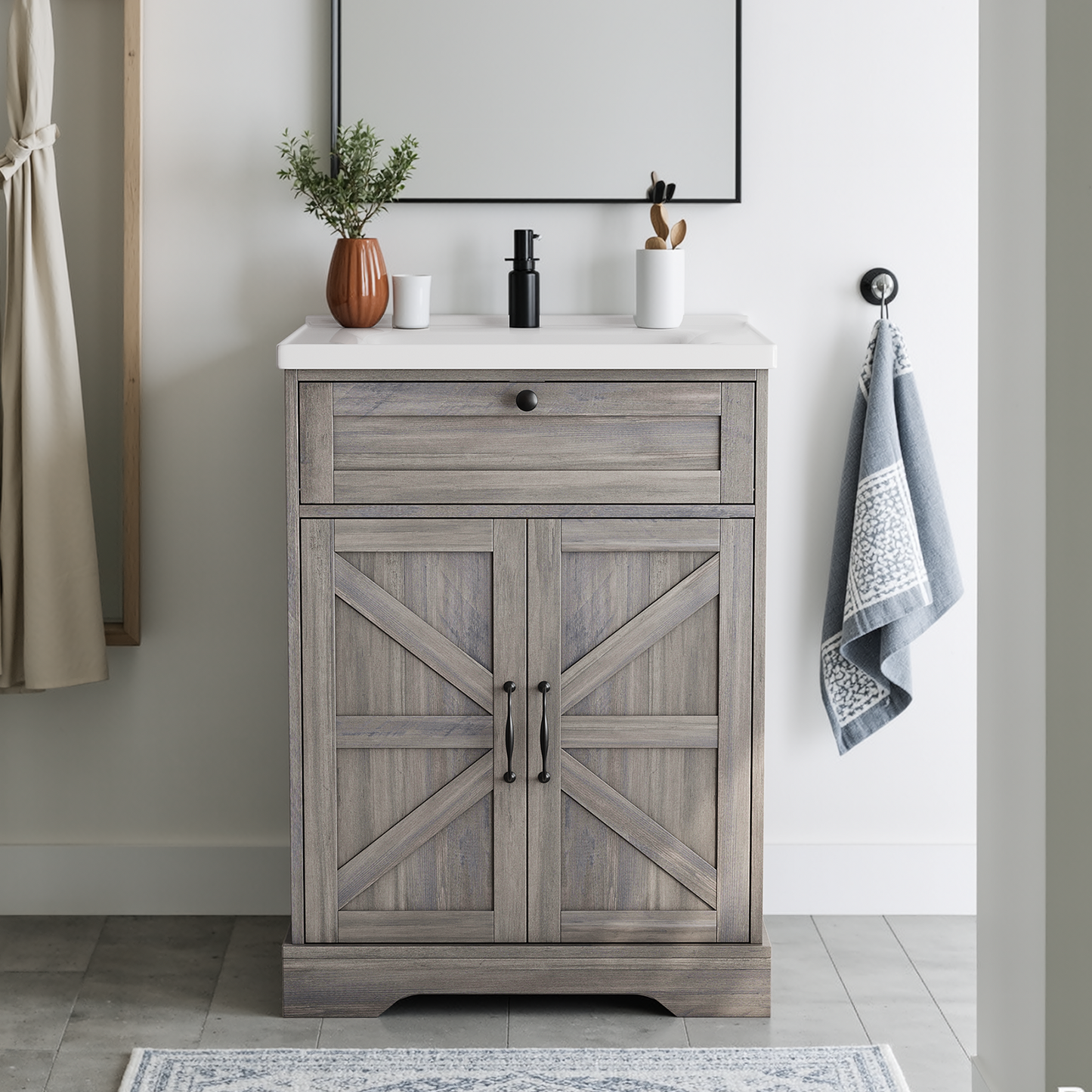 24" Bathroom Vanity with Ceramic Sink, Freestanding Bathroom Storage Cabinet with Barn Door and Flip-Down Drawer, Grey