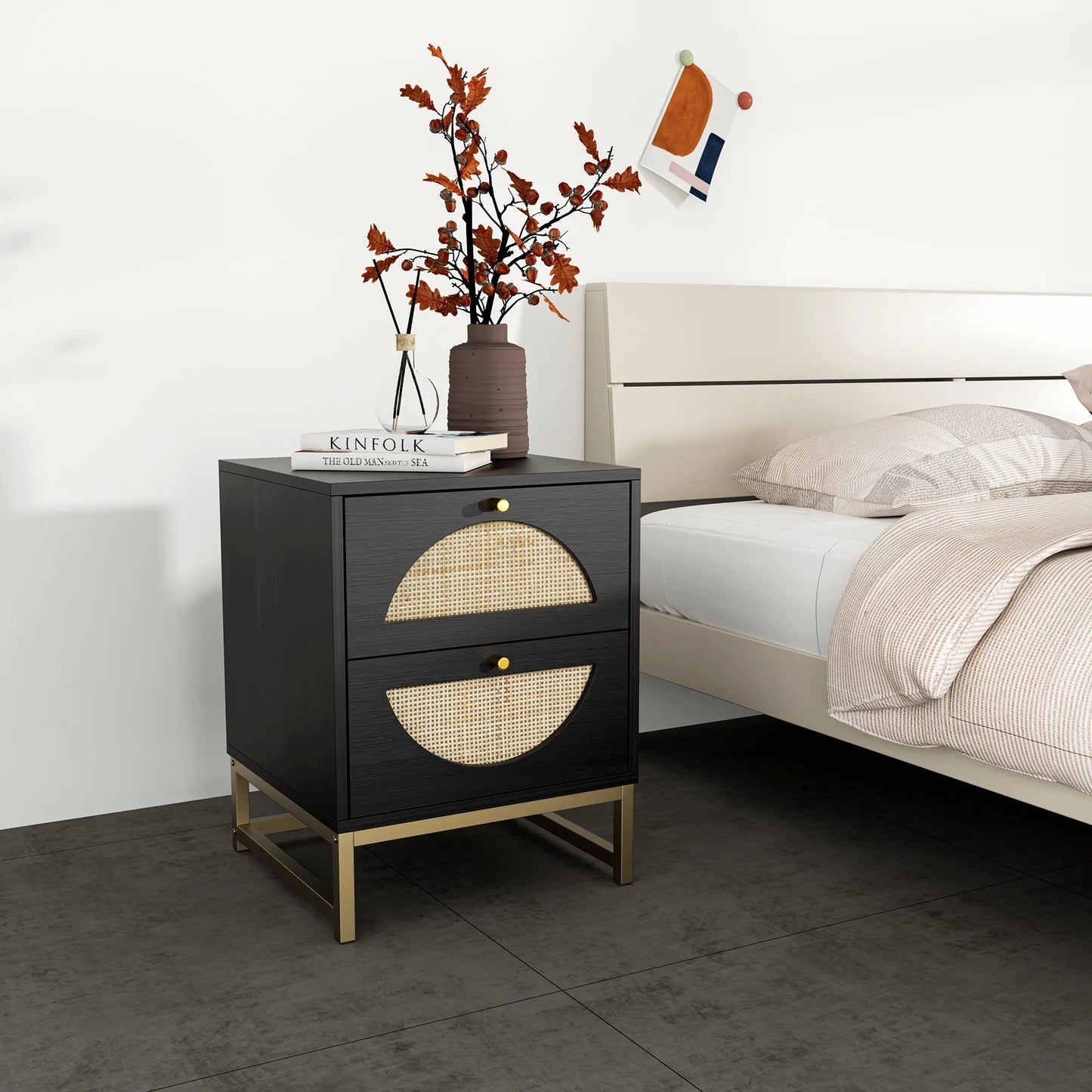 Smart FENDEE Wood Nightstand with 2 Rattan Drawers Bedside Table for Adult, Bedroom