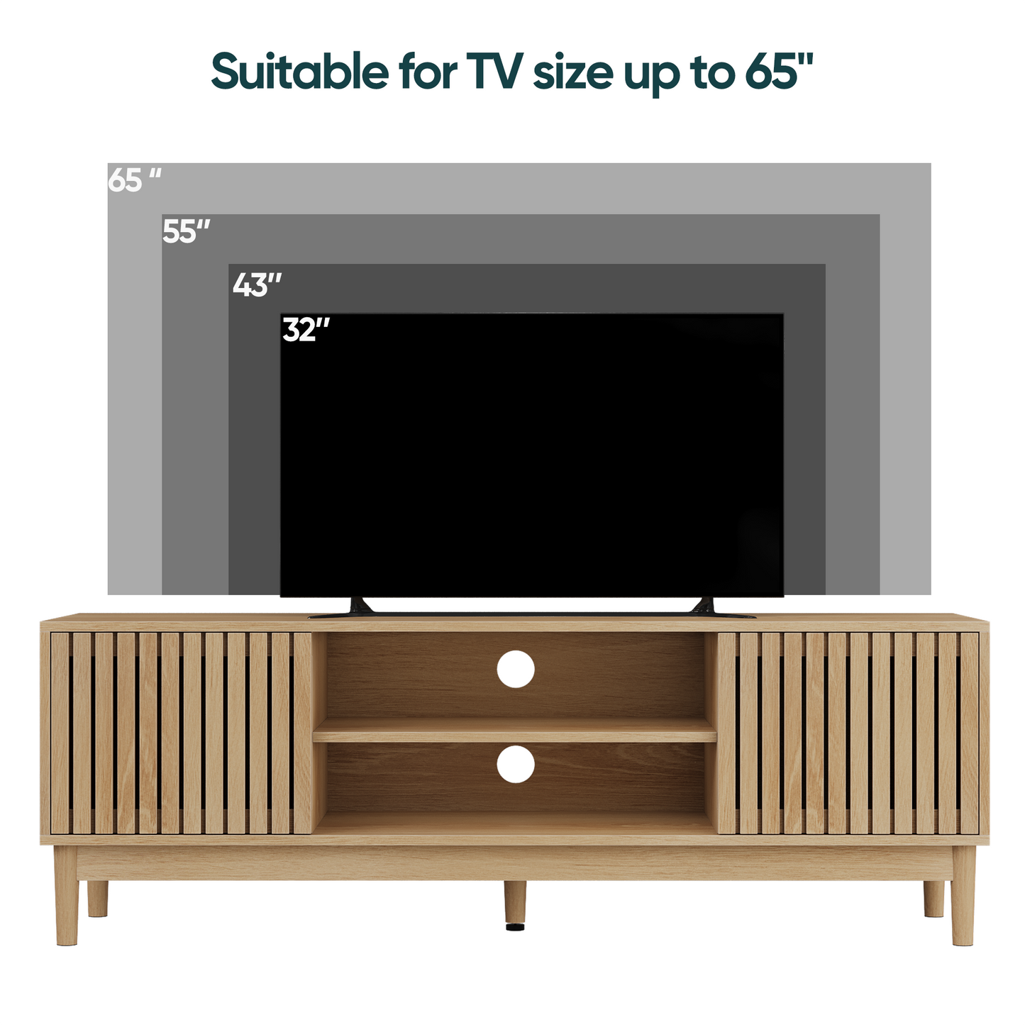 Semiocthome 55" TV Stand with Slatted Doors and Cable Holes, Entertainment Center for Living Room, Natural