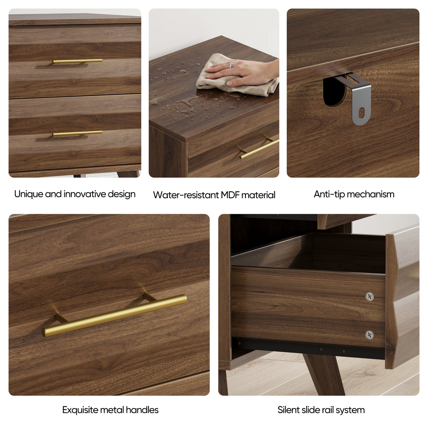 Semiocthome Nightstand with 2 Drawers and Unique 3D Fluted Design, Bedside Table for Bedroom, Walnut