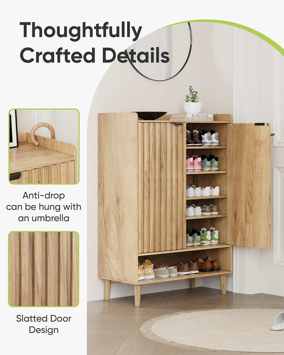 Smart FENDEE 6-Tier Shoe Storage Cabinet with 2 Fluted Doors, Entryway Shoe Storage, Natural