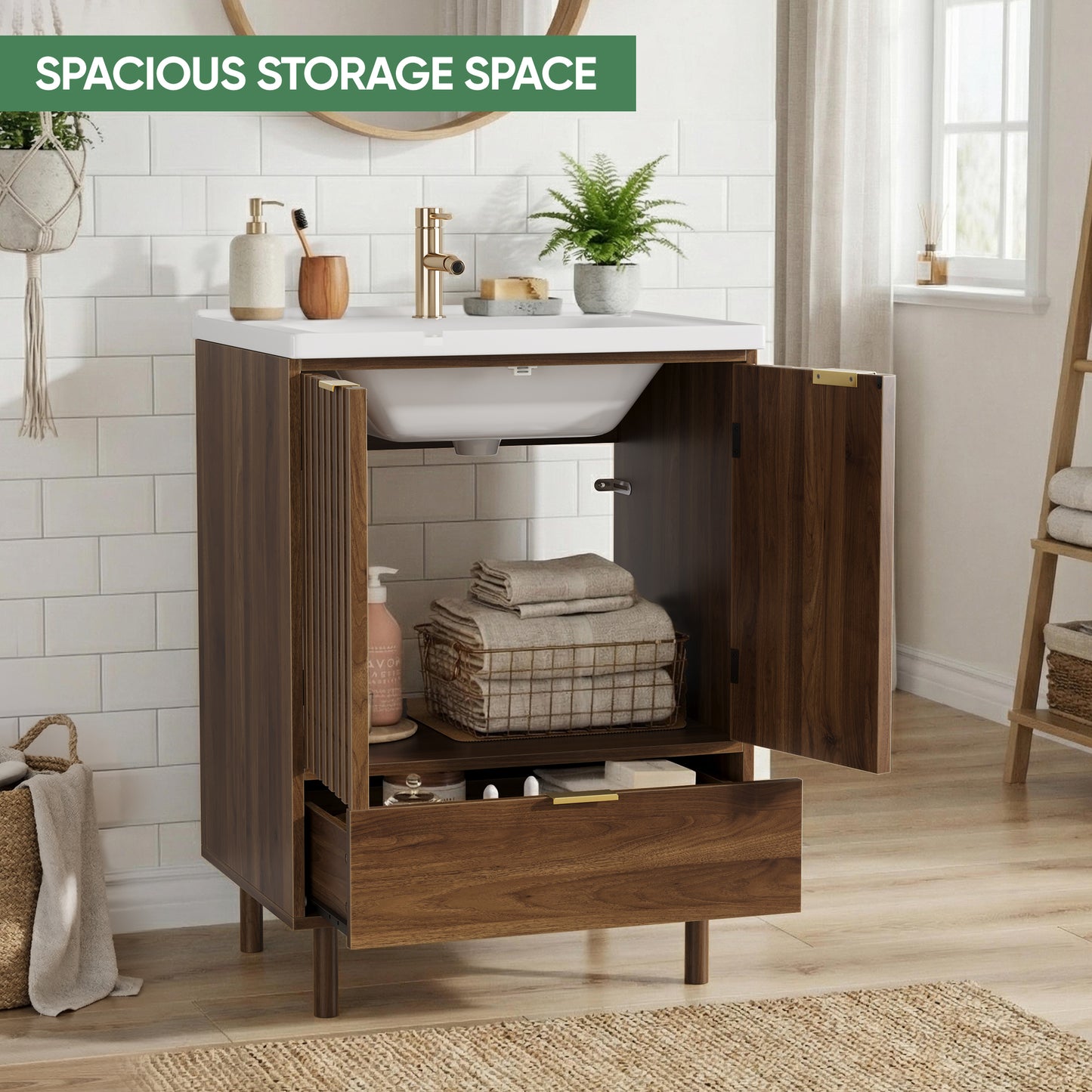 Semiocthome 24" Bathroom Vanity with Ceramic Sink, Storage Cabinet with 1 Drawers and 2 Fluted Doors, Walnut